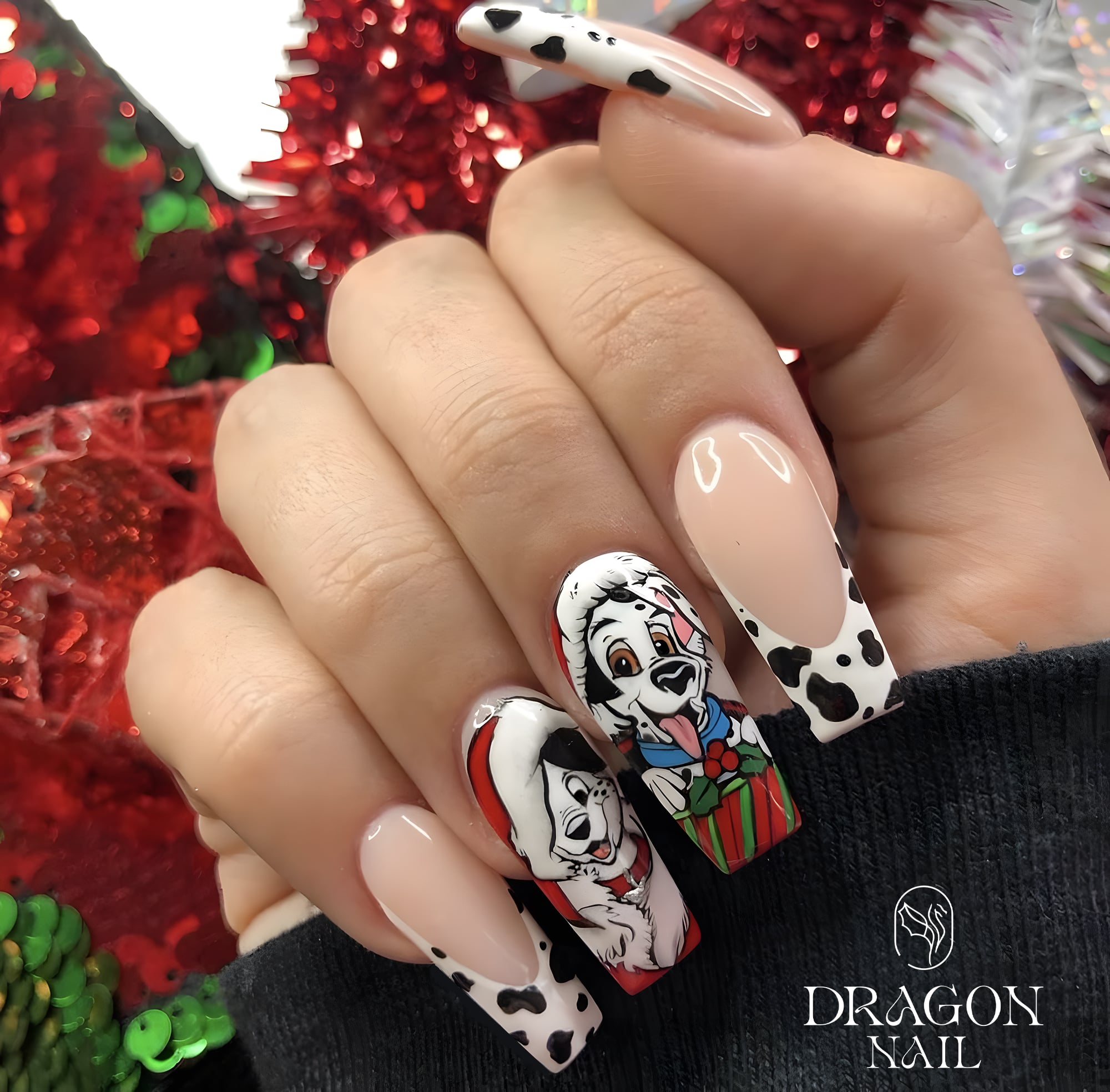 New Trending 101 Dalmatians Christmas Press-On Nails – Cute Puppy Holiday Design, Black &amp; White Spots