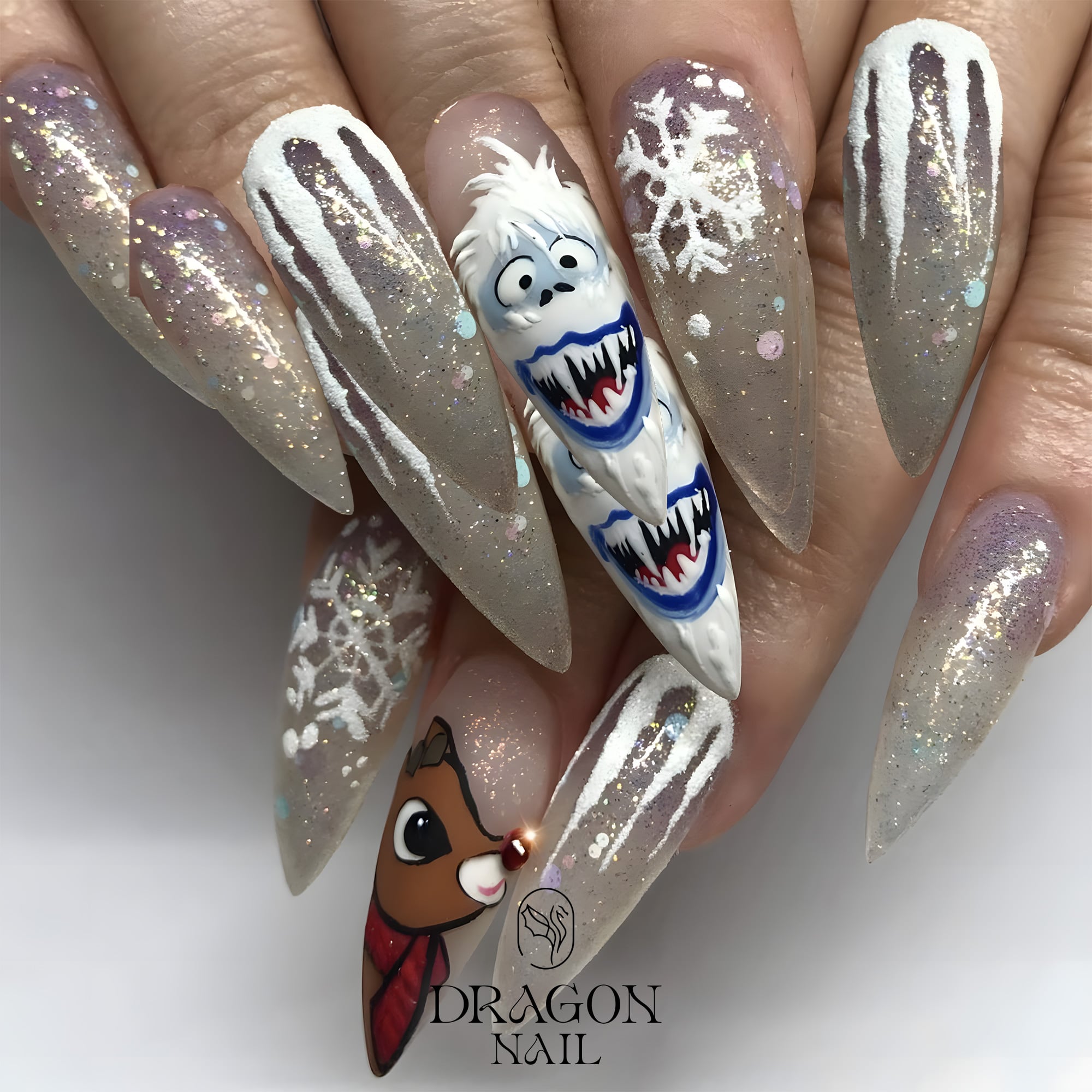Rudolph Christmas Nails, Reusable Press-On Set, Glitter Winter Look, Limited Edition