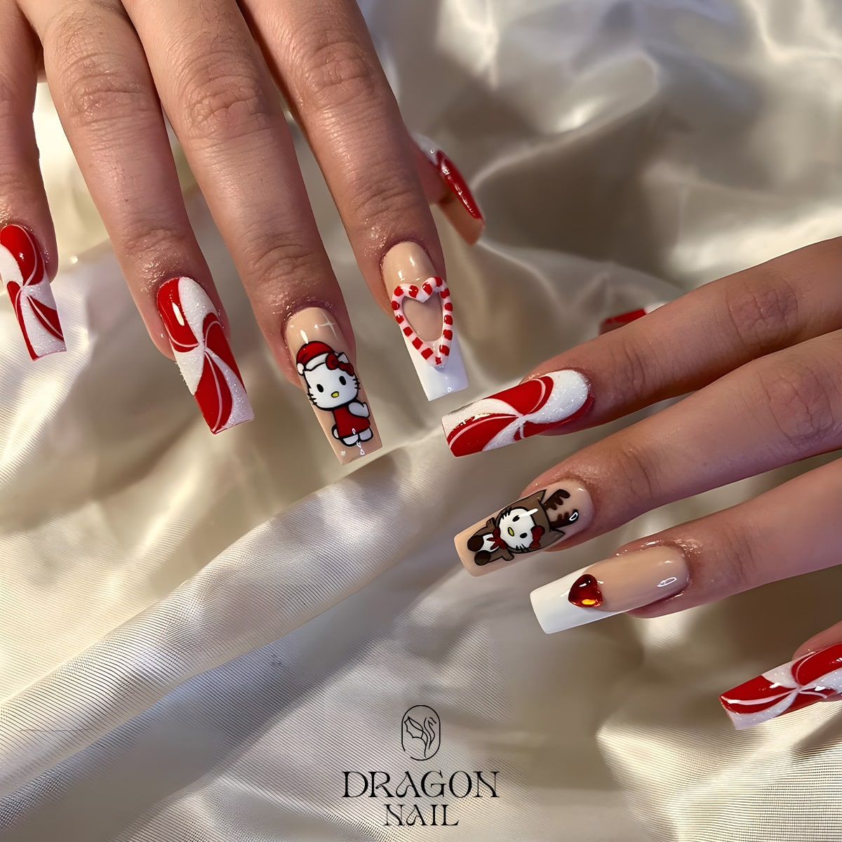 Hello Kitty Christmas Nails, Reusable Press-On Set, Candy Cane Holiday Look, Limited Edition