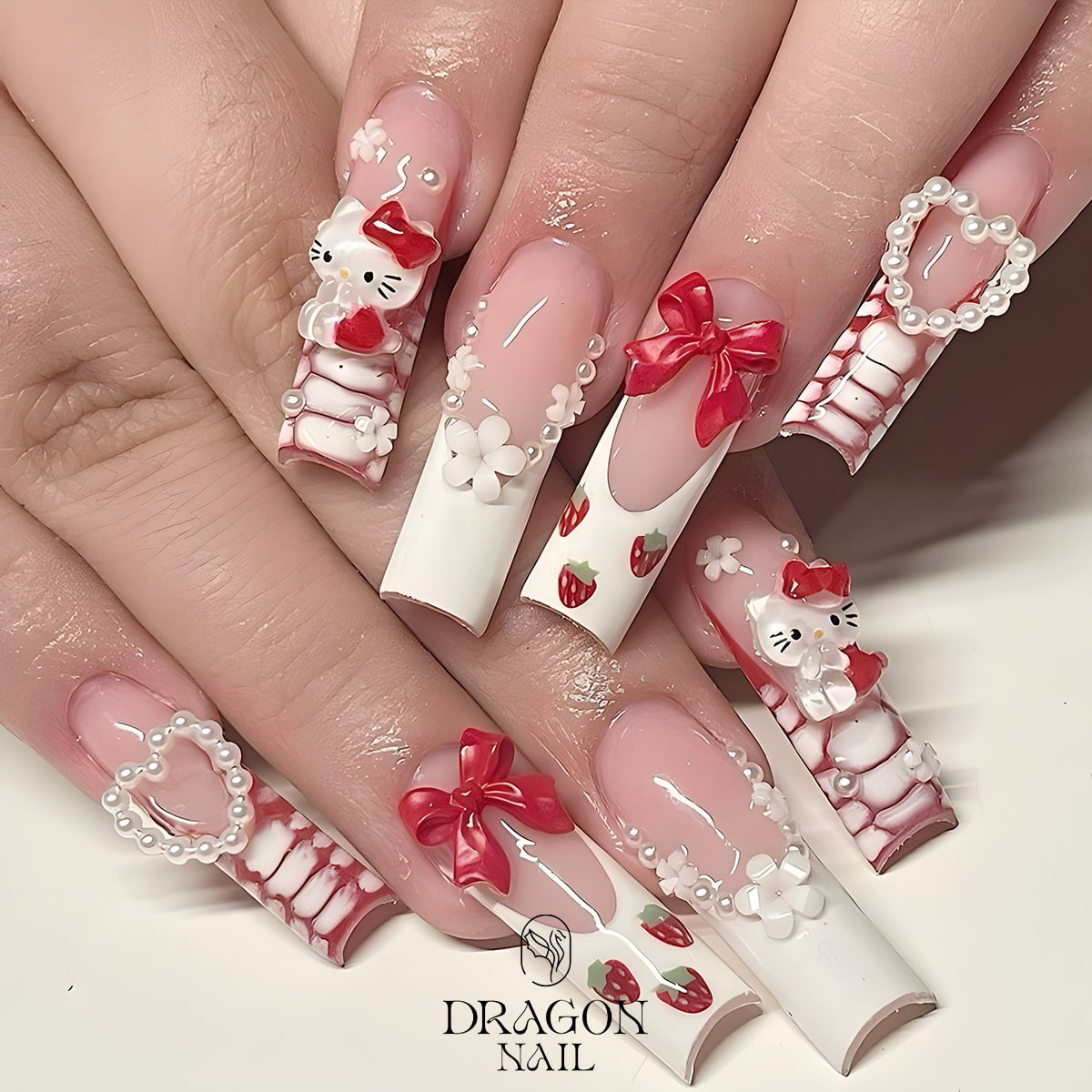 Hello Kitty 3D Strawberry Nails, Reusable Press-On Set, Sweet Kawaii Look, Limited Edition