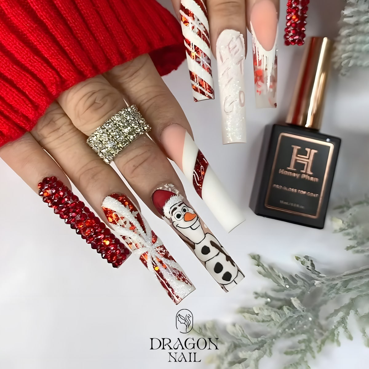 Frozen Olaf Christmas Press-On Nails – Red &amp; White Glitter Candy Cane Design, Long Coffin Shape
