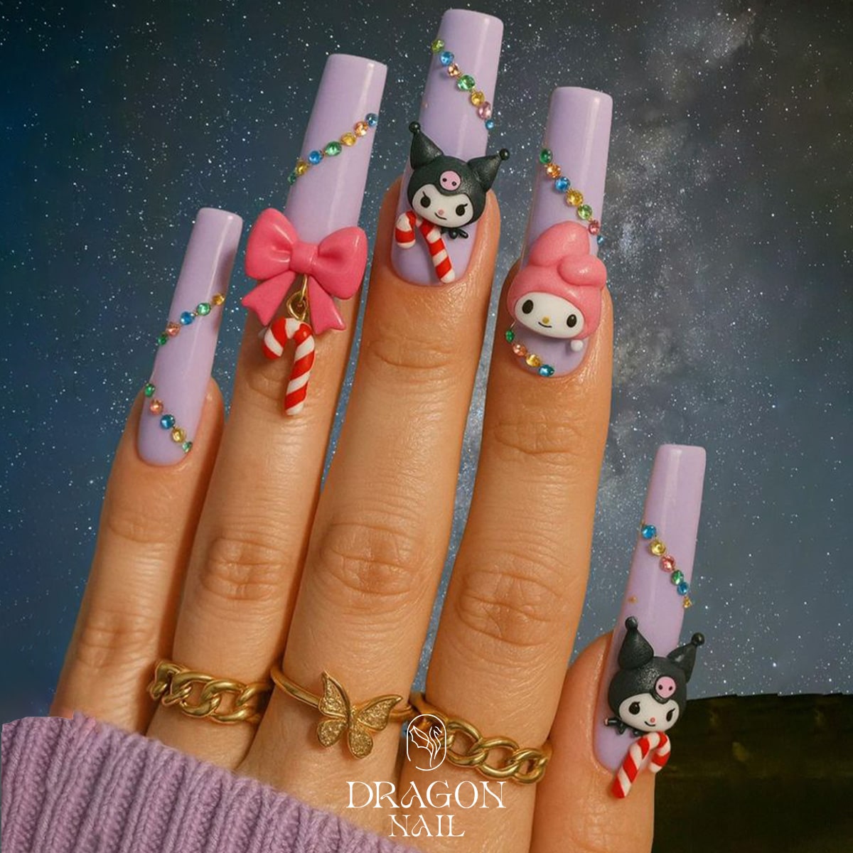Kuromi &amp; My Melody Christmas Press-On Nails – Lilac Long Coffin Shape, 3D Bows &amp; Candy Cane Charms