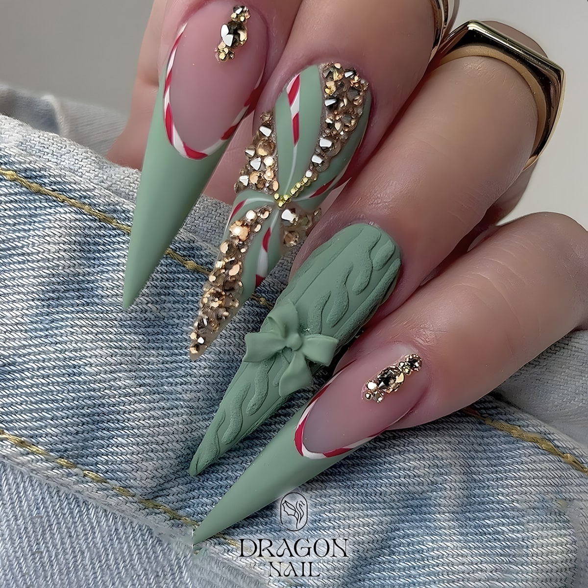 Mint Green Candy Cane Christmas Press-On Nails – Matte &amp; Rhinestone Holiday Design, Extra Long Stiletto Shape