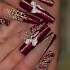 Matte Burgundy &amp; Gold Christmas Press-On Nails – 3D Bow &amp; Snowflake Design