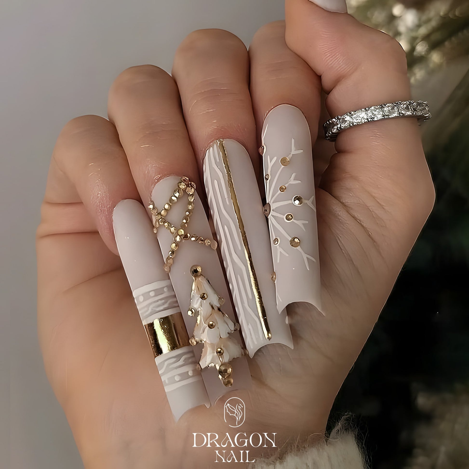 Nude Matte Christmas Press-On Nails – New Trending Gold Tree &amp; Snowflake Design
