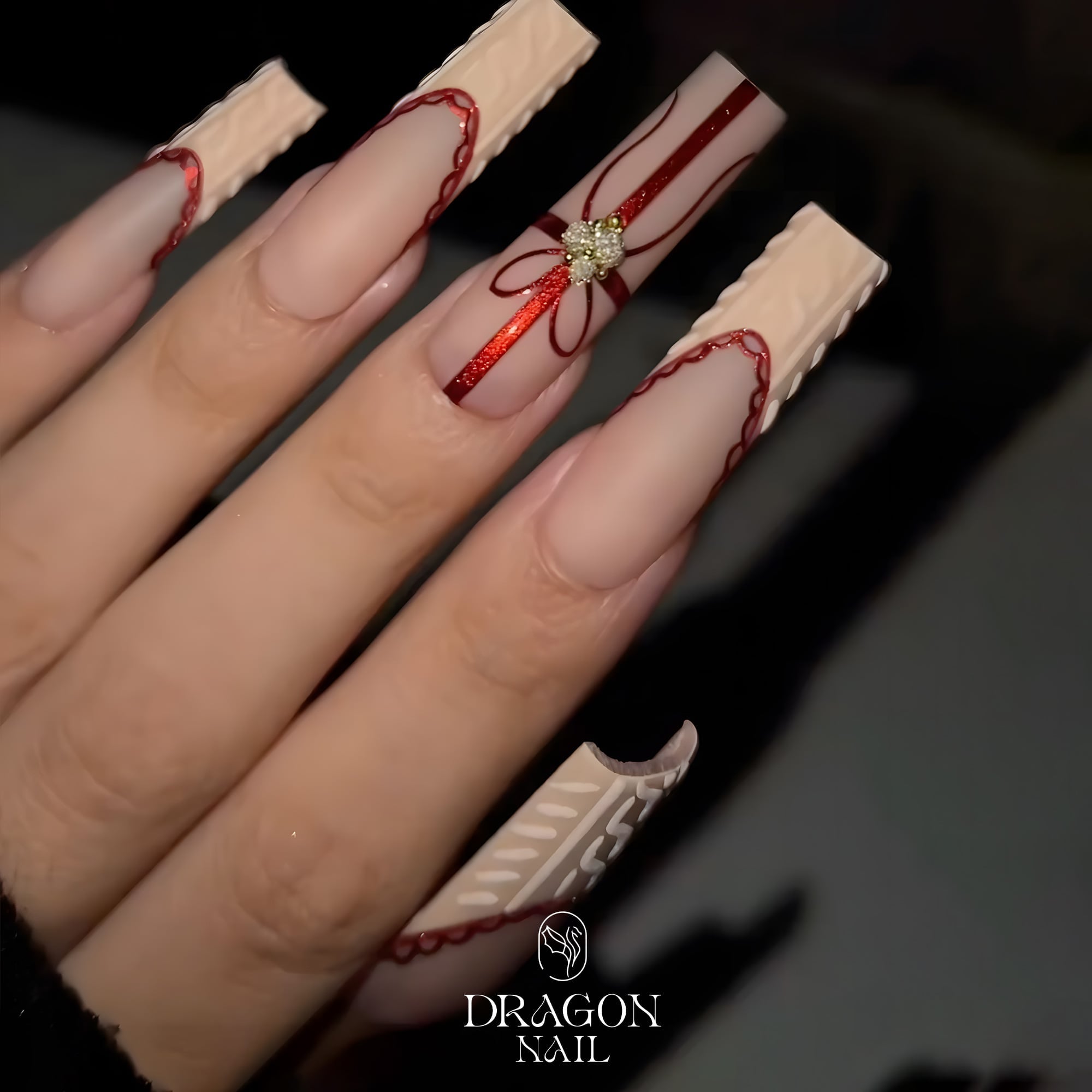 New Trending Nude Red Christmas Press-On Nails – Gift Ribbon &amp; Knit Texture Design