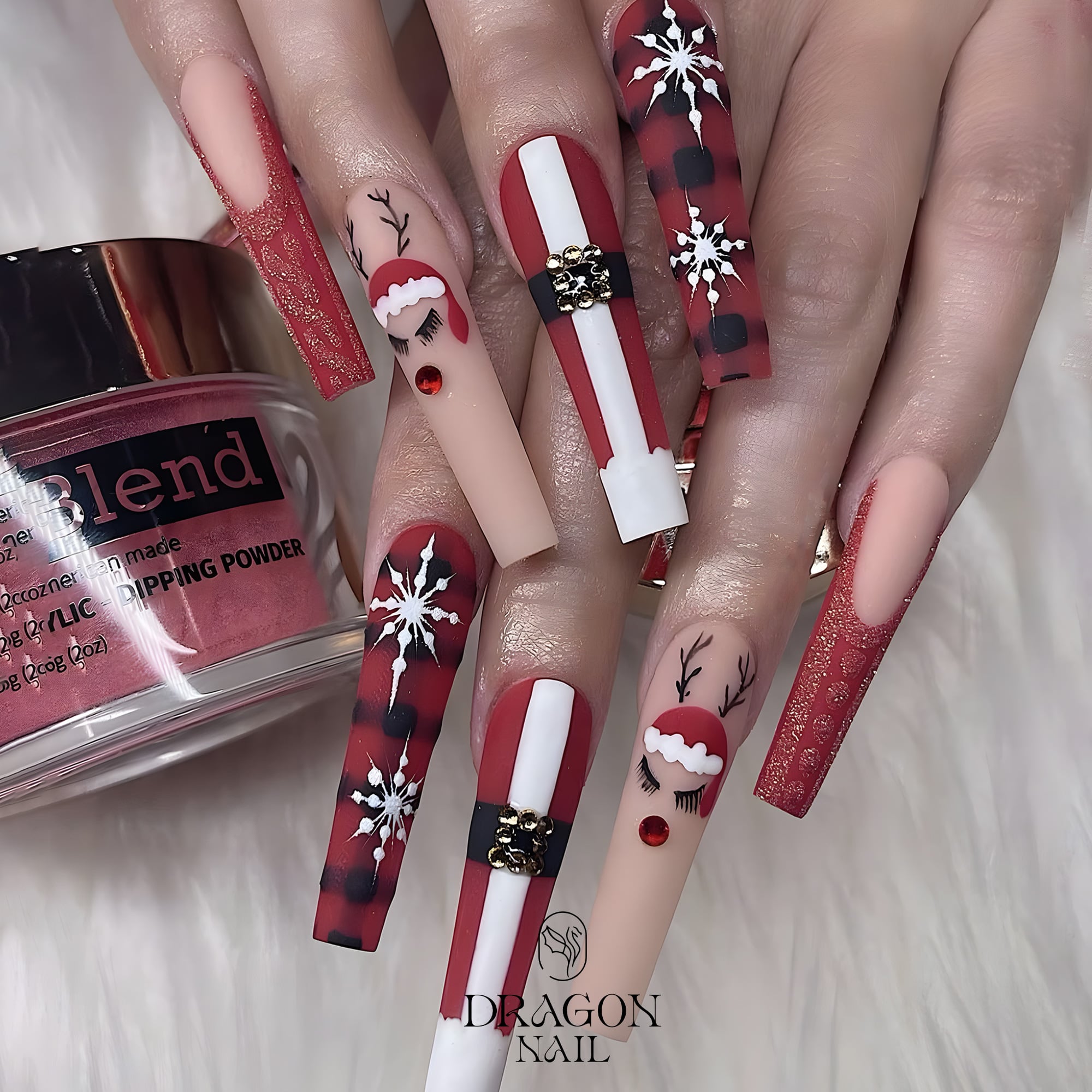 New Trending Red Christmas Press-On Nails – Santa Belt, Snowflake &amp; Plaid Holiday Design