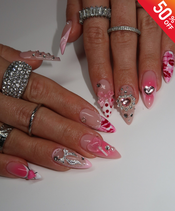 Handmade Y2K Pink Coquette Press On Nails - Long Stiletto Kawaii 3D Bows & Lollipop Art - Pink Heart Crystal & Kiss Print Luxury Fake Nails