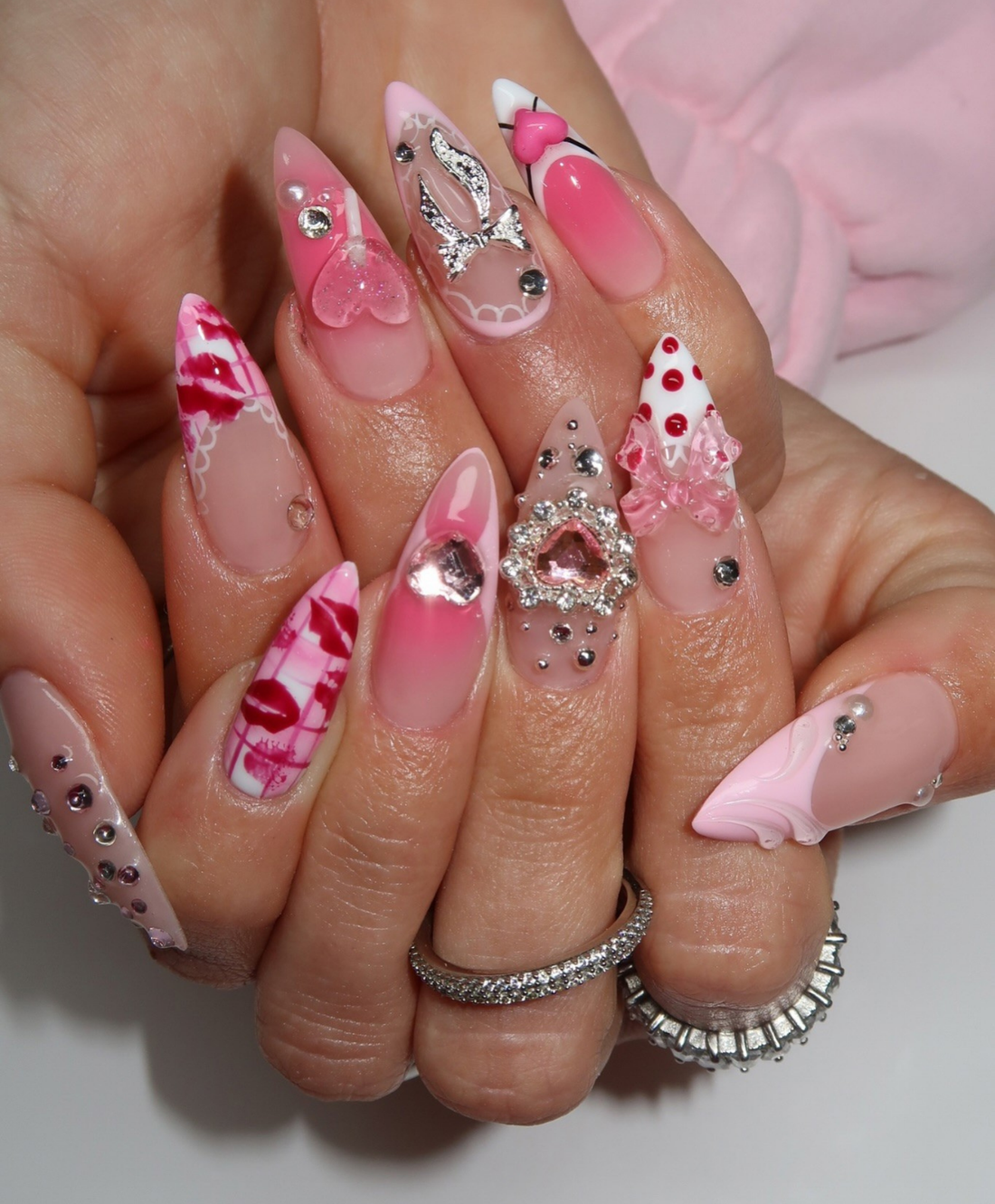 Handmade Y2K Pink Coquette Press On Nails - Long Stiletto Kawaii 3D Bows & Lollipop Art - Pink Heart Crystal & Kiss Print Luxury Fake Nails