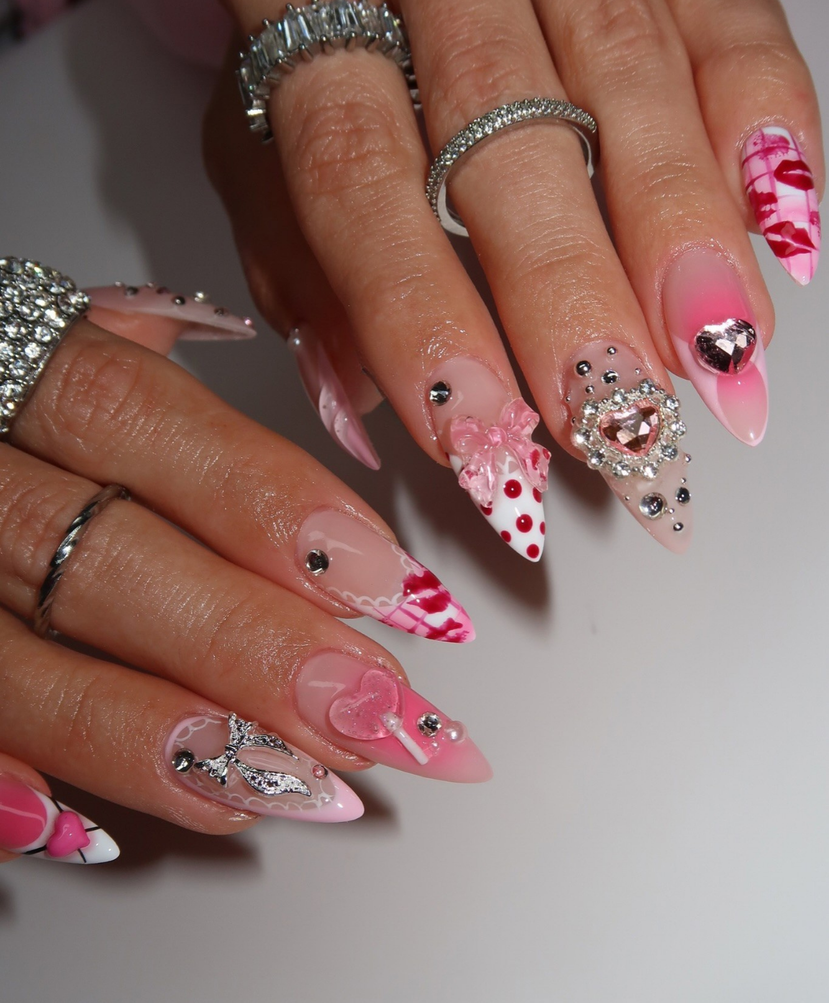 Handmade Y2K Pink Coquette Press On Nails - Long Stiletto Kawaii 3D Bows & Lollipop Art - Pink Heart Crystal & Kiss Print Luxury Fake Nails