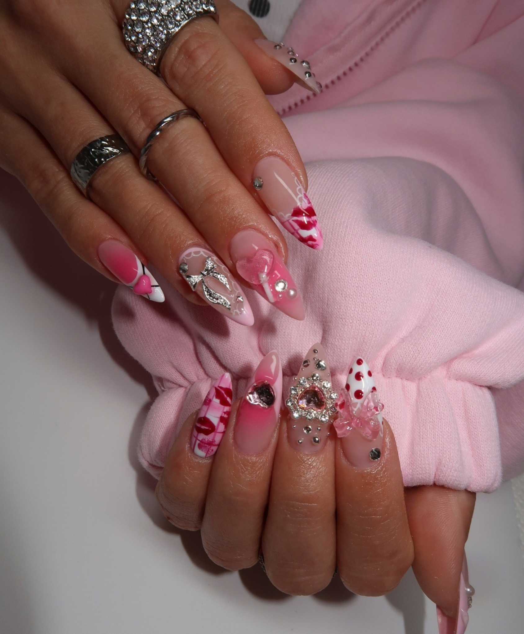 Handmade Y2K Pink Coquette Press On Nails - Long Stiletto Kawaii 3D Bows & Lollipop Art - Pink Heart Crystal & Kiss Print Luxury Fake Nails