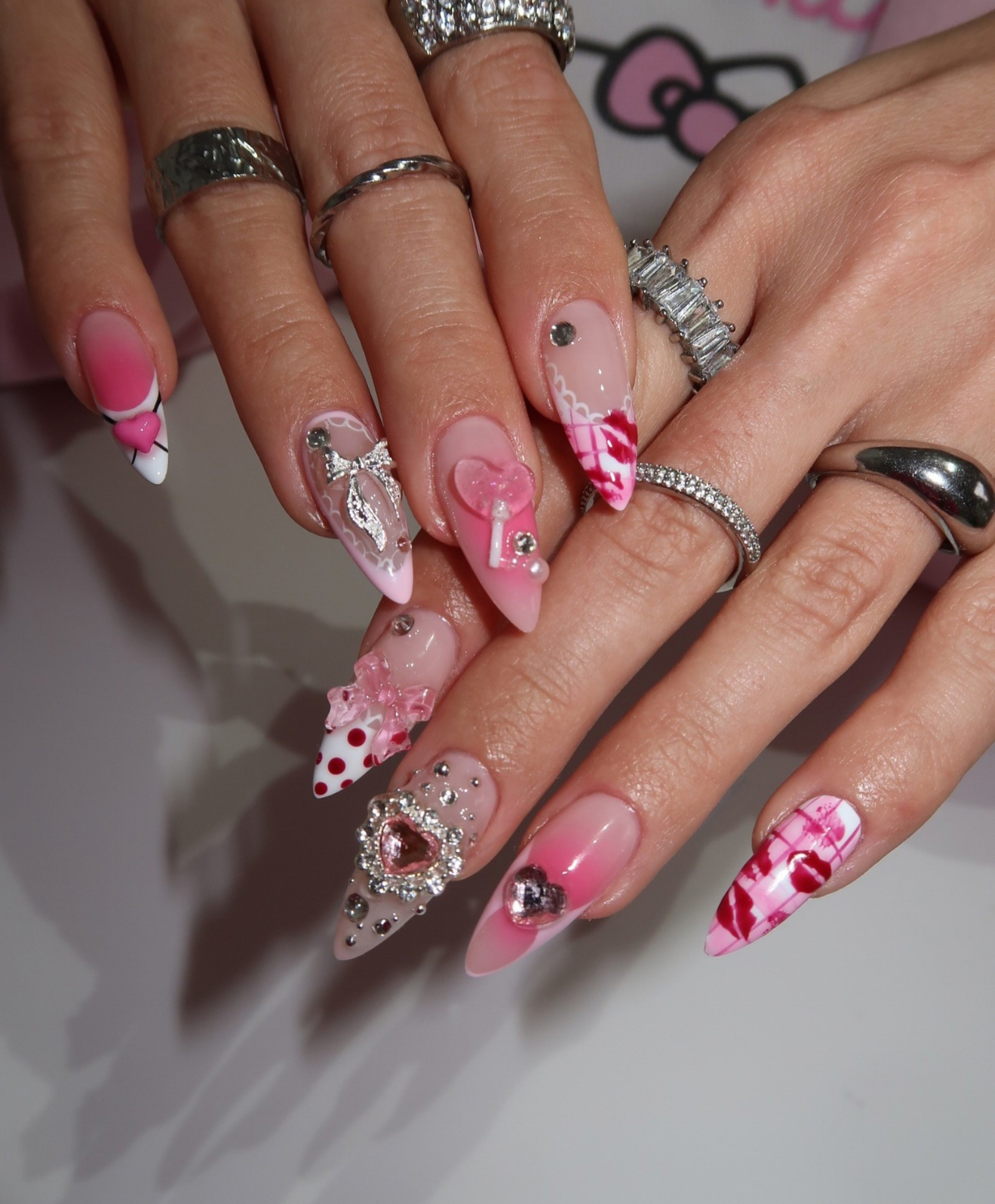 Handmade Y2K Pink Coquette Press On Nails - Long Stiletto Kawaii 3D Bows & Lollipop Art - Pink Heart Crystal & Kiss Print Luxury Fake Nails