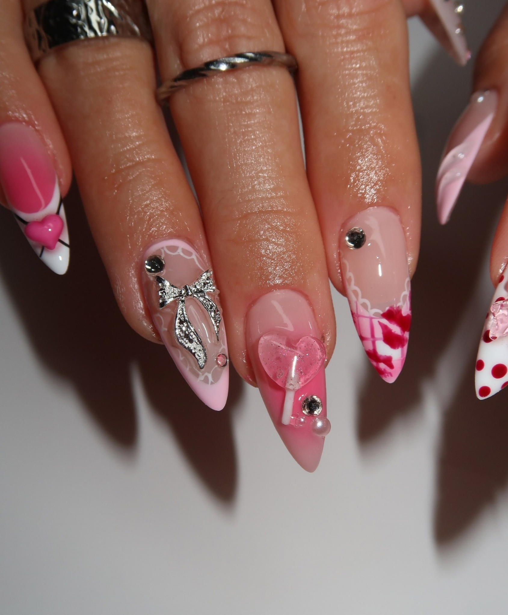 Handmade Y2K Pink Coquette Press On Nails - Long Stiletto Kawaii 3D Bows & Lollipop Art - Pink Heart Crystal & Kiss Print Luxury Fake Nails