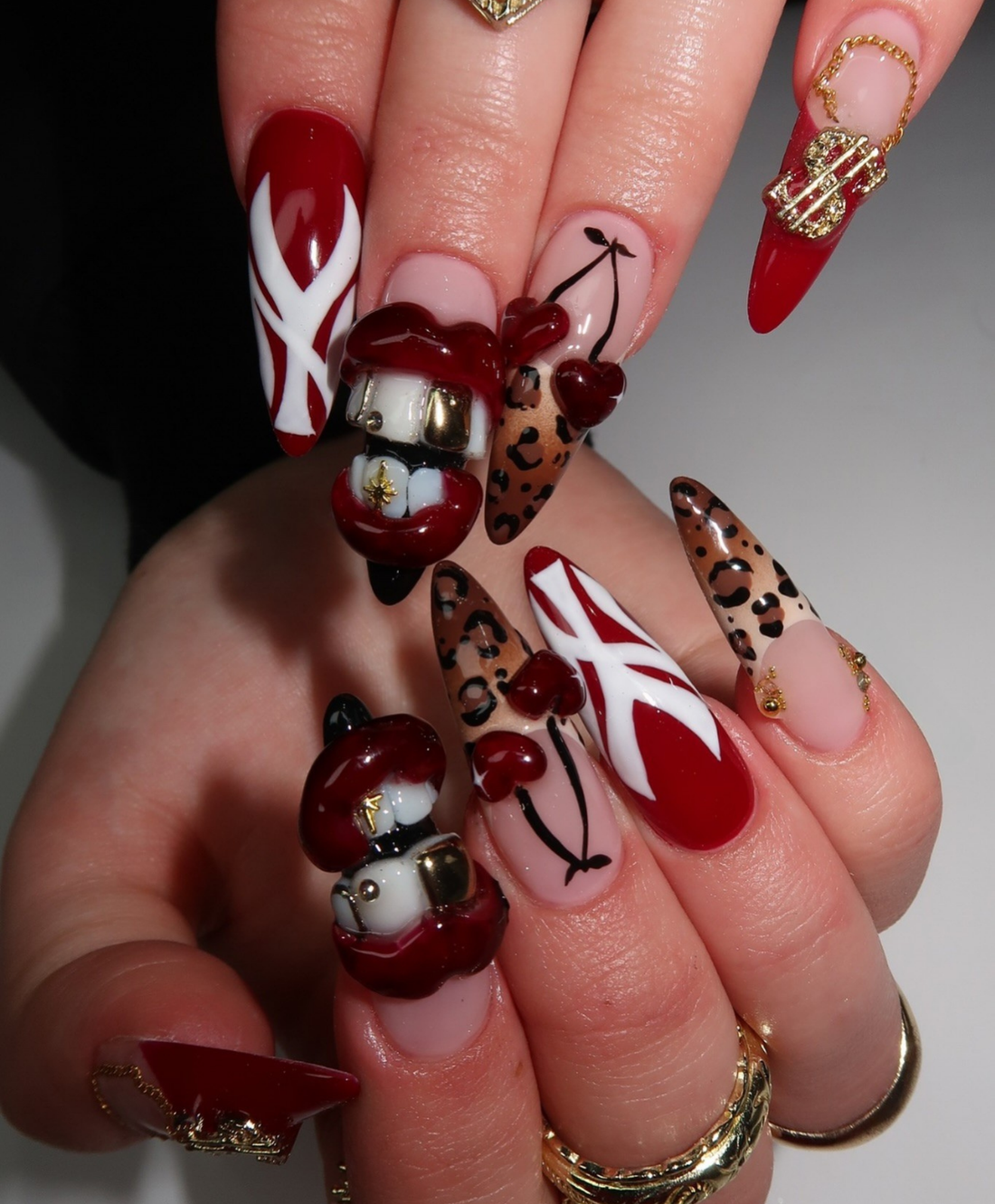 Handmade 3D Cherry Leopard & Lips Press On Nails - Long Stiletto Red & Gold Baddie Nails - Luxury Grillz & Money Charm Rockstar Nails