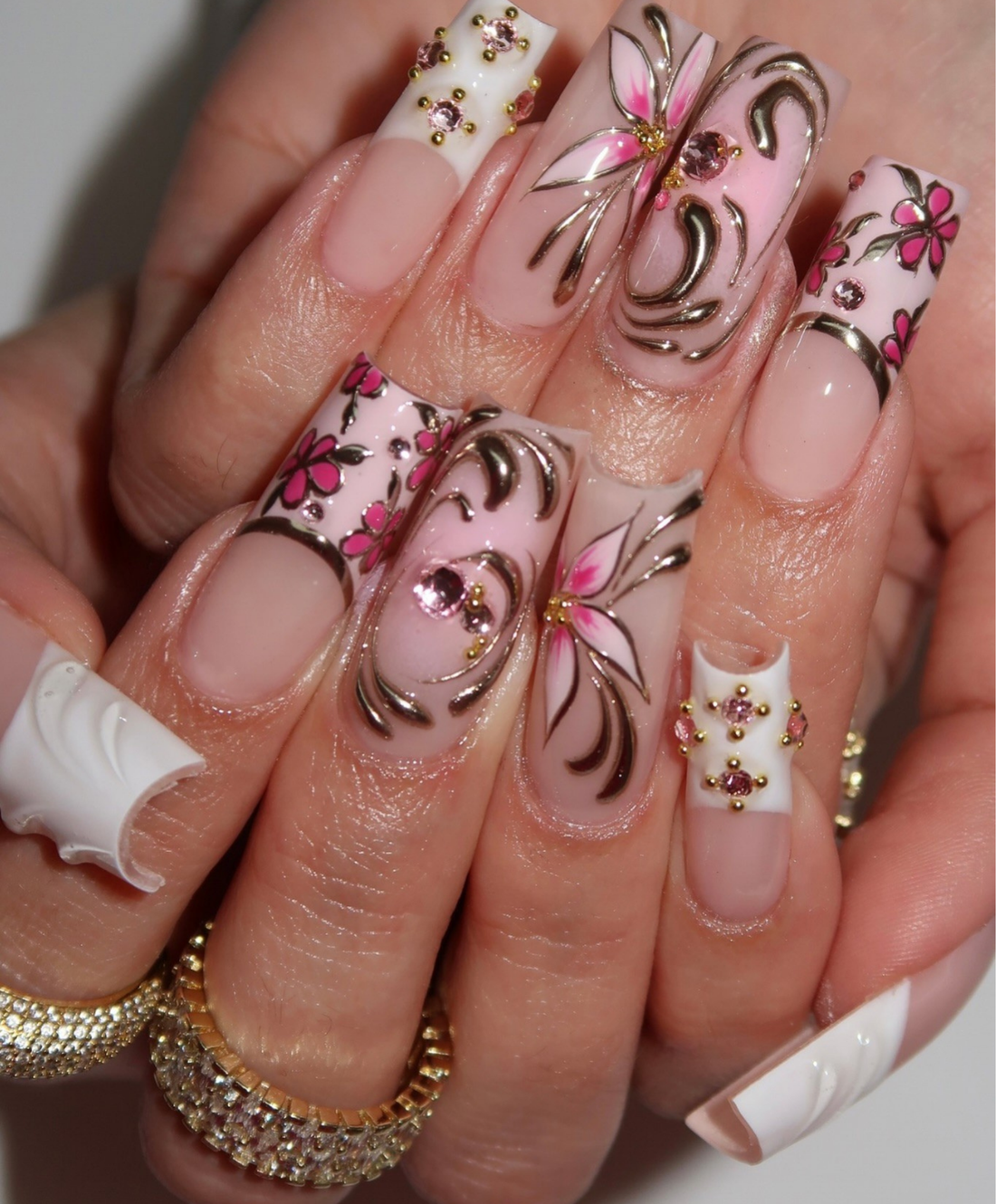 Hand-Painted Luxury 3D Gold Swirl Long Square Press On Nails - Pink Floral & Rhinestone French Tip Nails - Glam Birthday & Wedding Nail Art