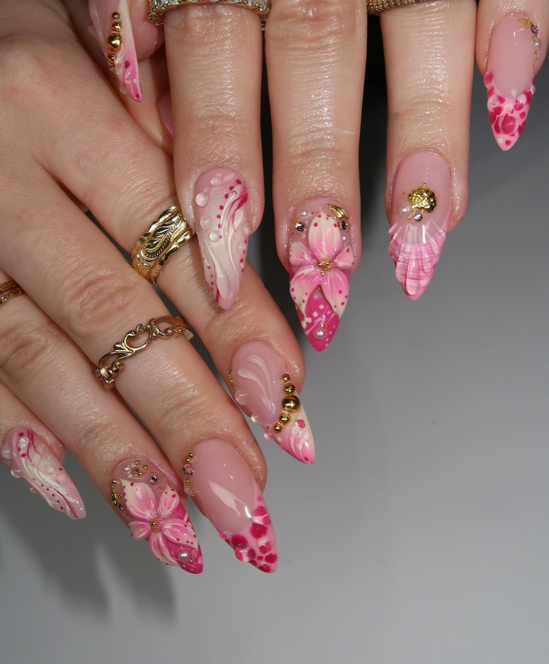 Handmade 3D Floral Pink Press On Nails - Long Almond Bridal Nails with Gold Beads & Water Drops - Romantic Spring Flower & Swirl Nail Art