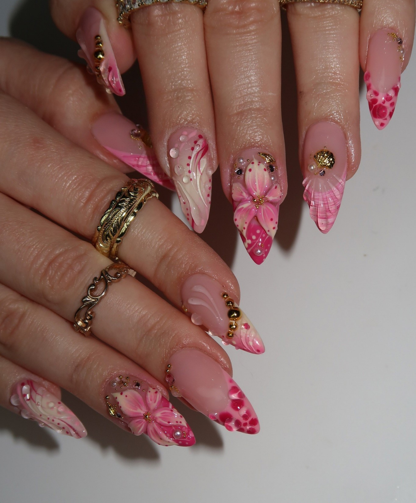 Handmade 3D Floral Pink Press On Nails - Long Almond Bridal Nails with Gold Beads & Water Drops - Romantic Spring Flower & Swirl Nail Art