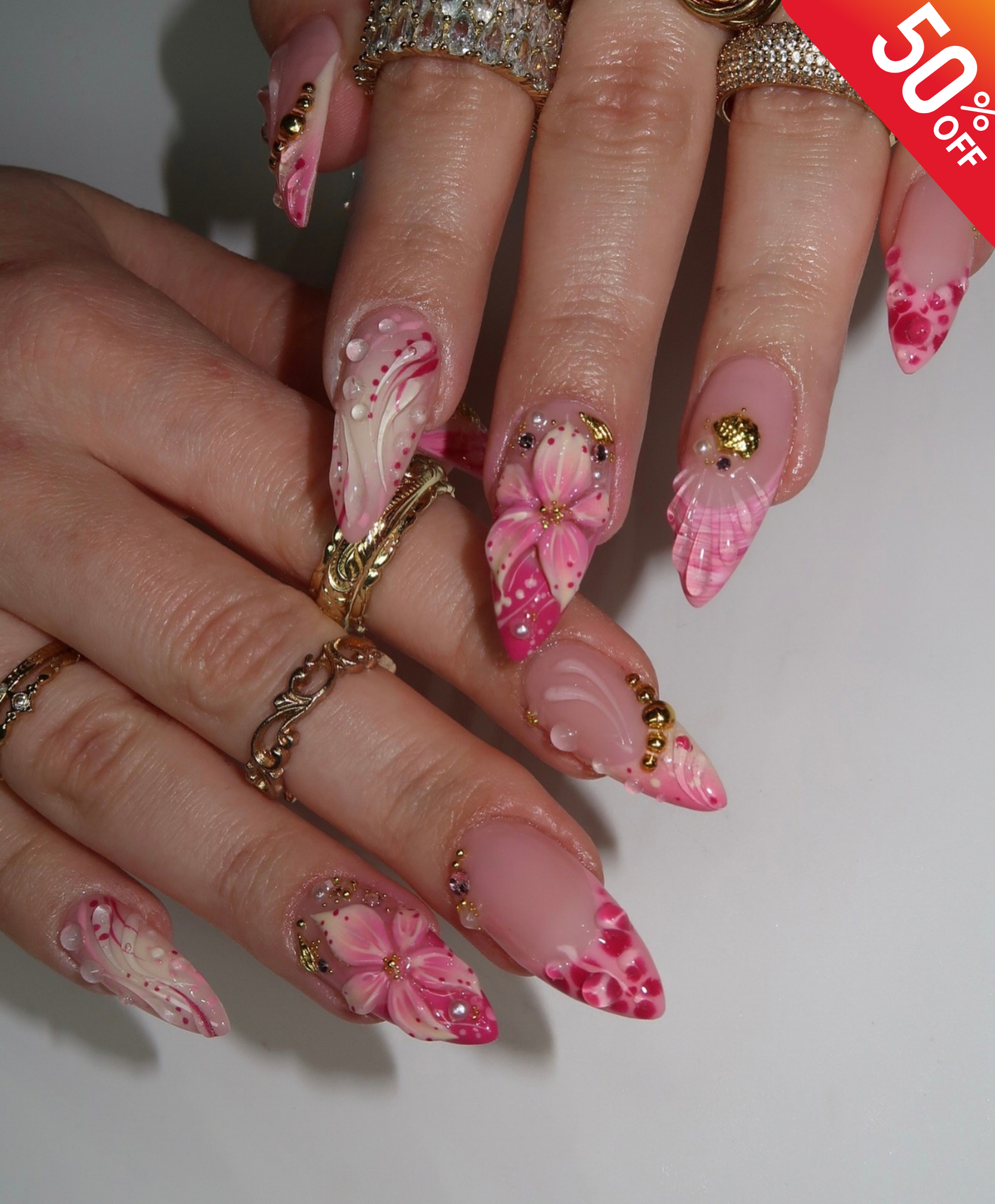 Handmade 3D Floral Pink Press On Nails - Long Almond Bridal Nails with Gold Beads & Water Drops - Romantic Spring Flower & Swirl Nail Art