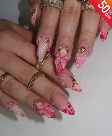 Handmade 3D Floral Pink Press On Nails - Long Almond Bridal Nails with Gold Beads & Water Drops - Romantic Spring Flower & Swirl Nail Art