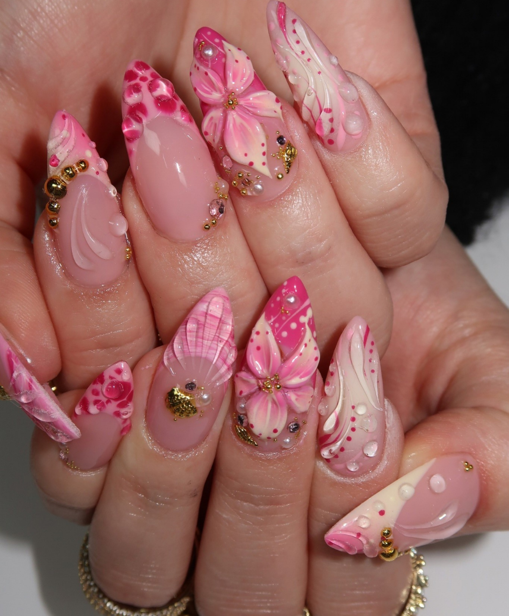 Handmade 3D Floral Pink Press On Nails - Long Almond Bridal Nails with Gold Beads & Water Drops - Romantic Spring Flower & Swirl Nail Art