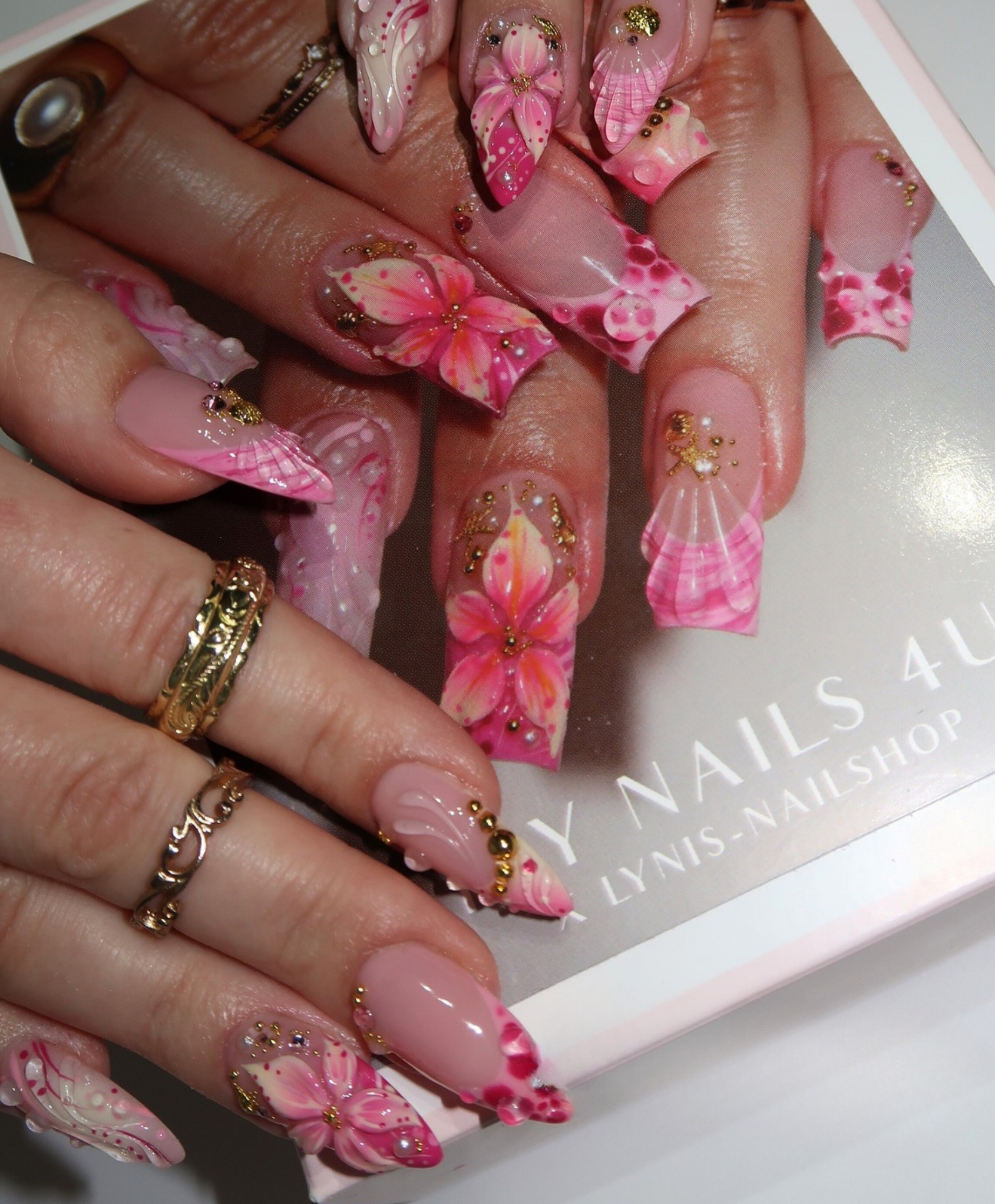 Handmade 3D Floral Pink Press On Nails - Long Almond Bridal Nails with Gold Beads & Water Drops - Romantic Spring Flower & Swirl Nail Art
