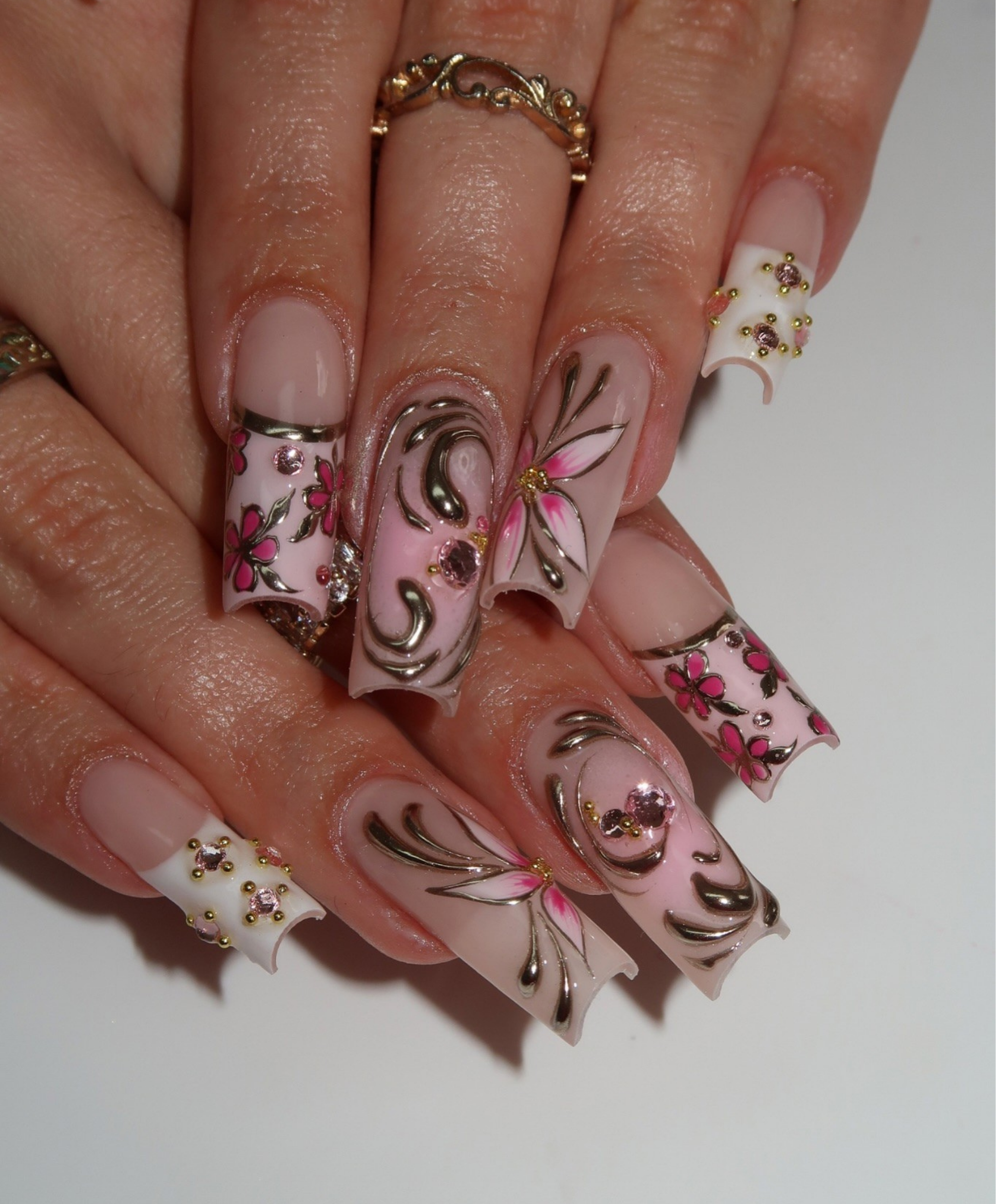 Hand-Painted Luxury 3D Gold Swirl Long Square Press On Nails - Pink Floral & Rhinestone French Tip Nails - Glam Birthday & Wedding Nail Art