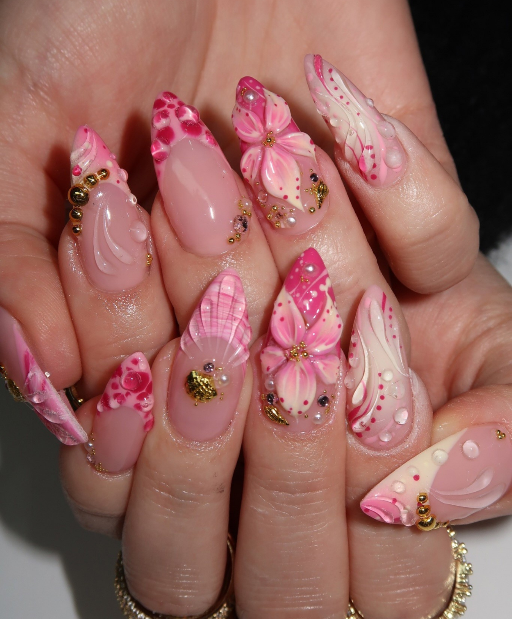 Handmade 3D Floral Pink Press On Nails - Long Almond Bridal Nails with Gold Beads & Water Drops - Romantic Spring Flower & Swirl Nail Art