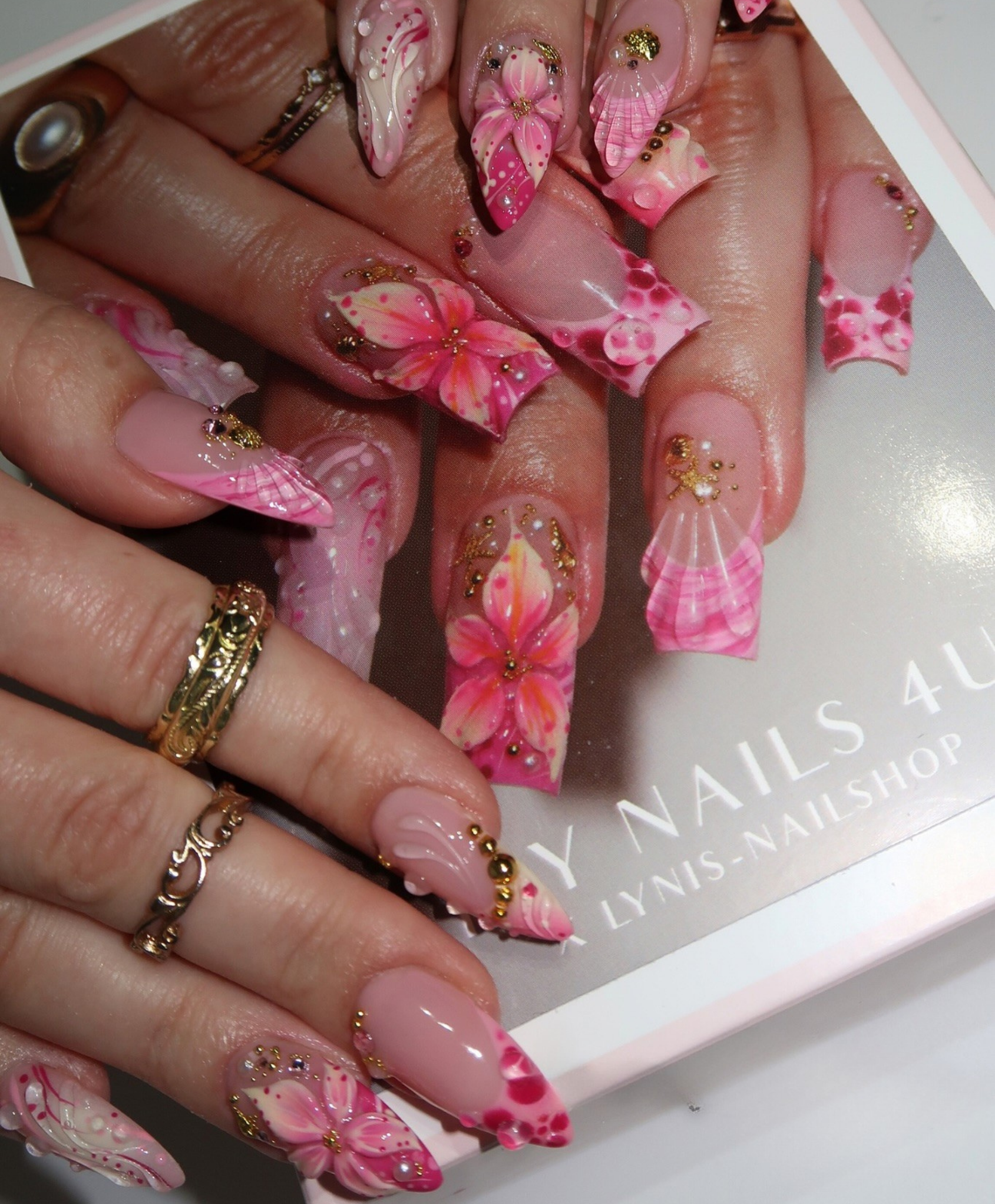 Handmade 3D Floral Pink Press On Nails - Long Almond Bridal Nails with Gold Beads & Water Drops - Romantic Spring Flower & Swirl Nail Art