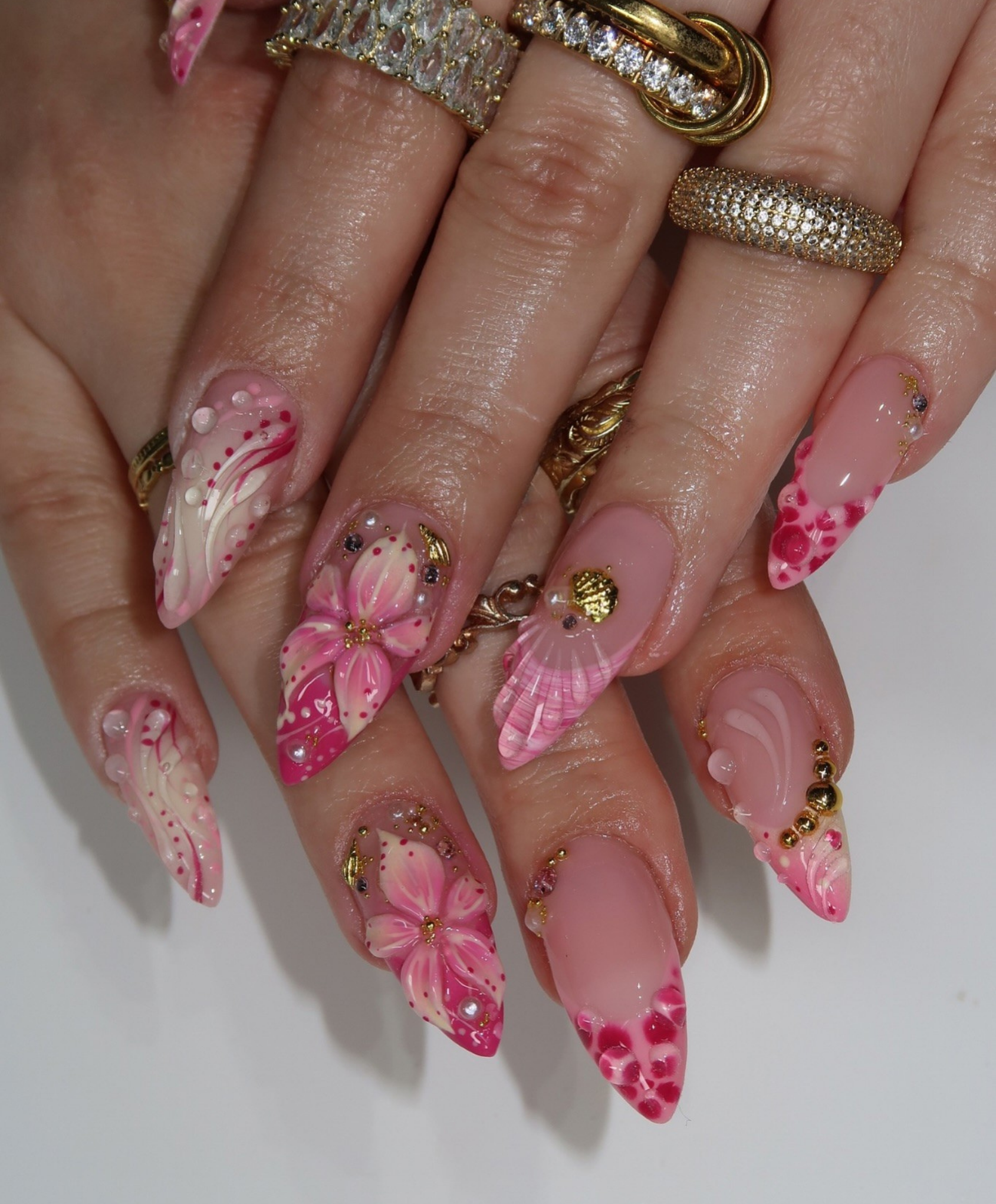 Handmade 3D Floral Pink Press On Nails - Long Almond Bridal Nails with Gold Beads & Water Drops - Romantic Spring Flower & Swirl Nail Art