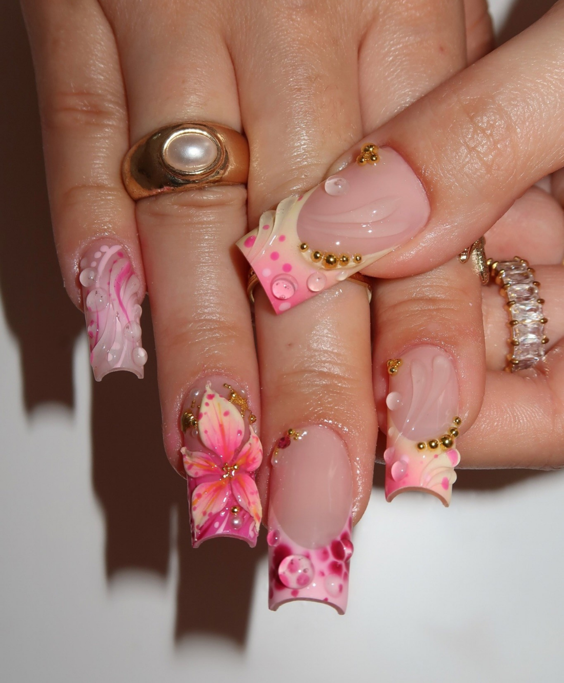 Handmade 3D Tropical Mermaid Press On Nails - Long Square Pink Hibiscus & Seashell Nails - Summer Beach Vacation Art with Gold Starfish