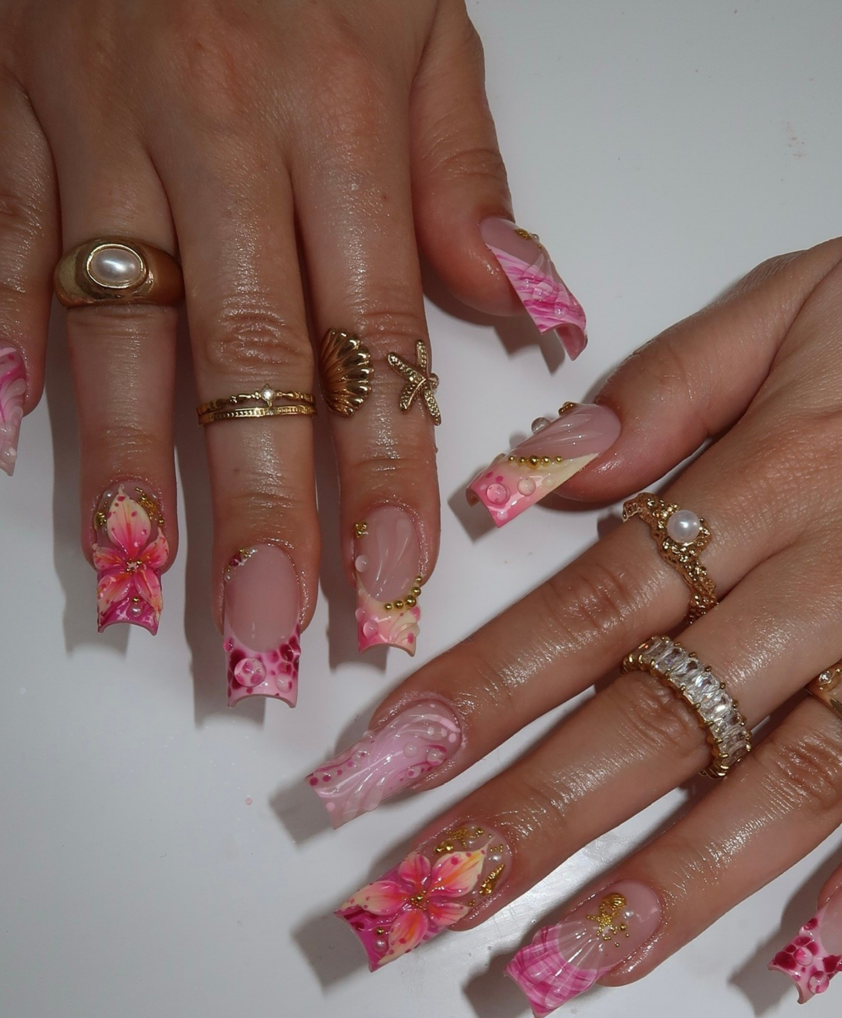 Handmade 3D Tropical Mermaid Press On Nails - Long Square Pink Hibiscus & Seashell Nails - Summer Beach Vacation Art with Gold Starfish