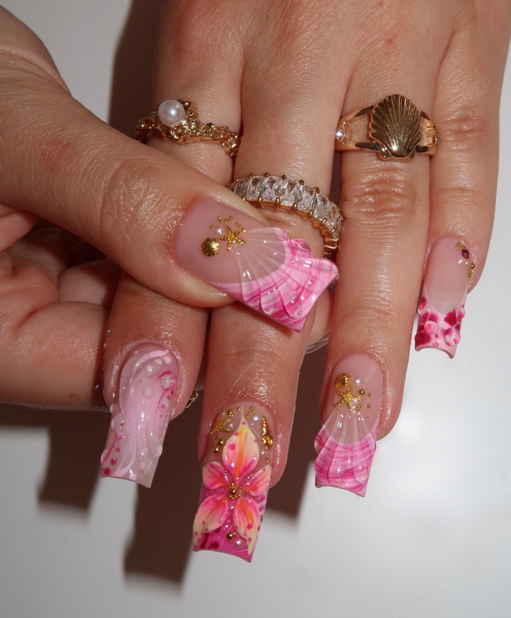 Handmade 3D Tropical Mermaid Press On Nails - Long Square Pink Hibiscus & Seashell Nails - Summer Beach Vacation Art with Gold Starfish