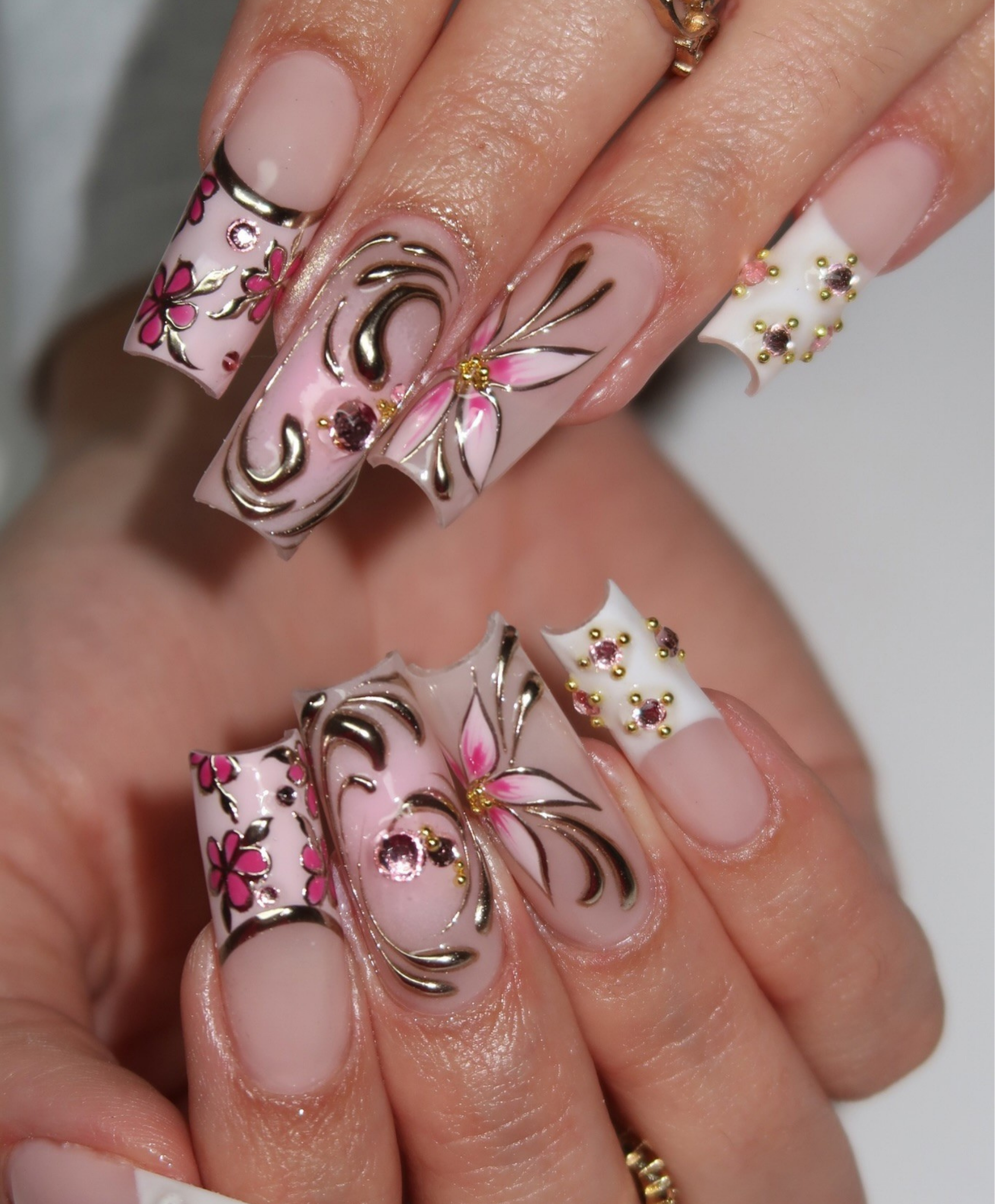 Hand-Painted Luxury 3D Gold Swirl Long Square Press On Nails - Pink Floral & Rhinestone French Tip Nails - Glam Birthday & Wedding Nail Art