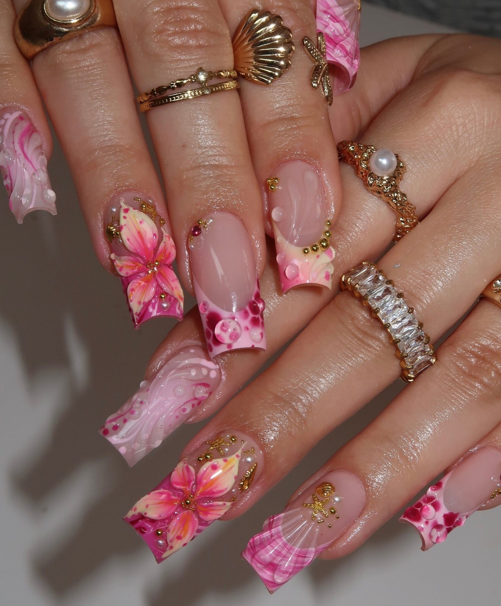 Handmade 3D Tropical Mermaid Press On Nails - Long Square Pink Hibiscus & Seashell Nails - Summer Beach Vacation Art with Gold Starfish