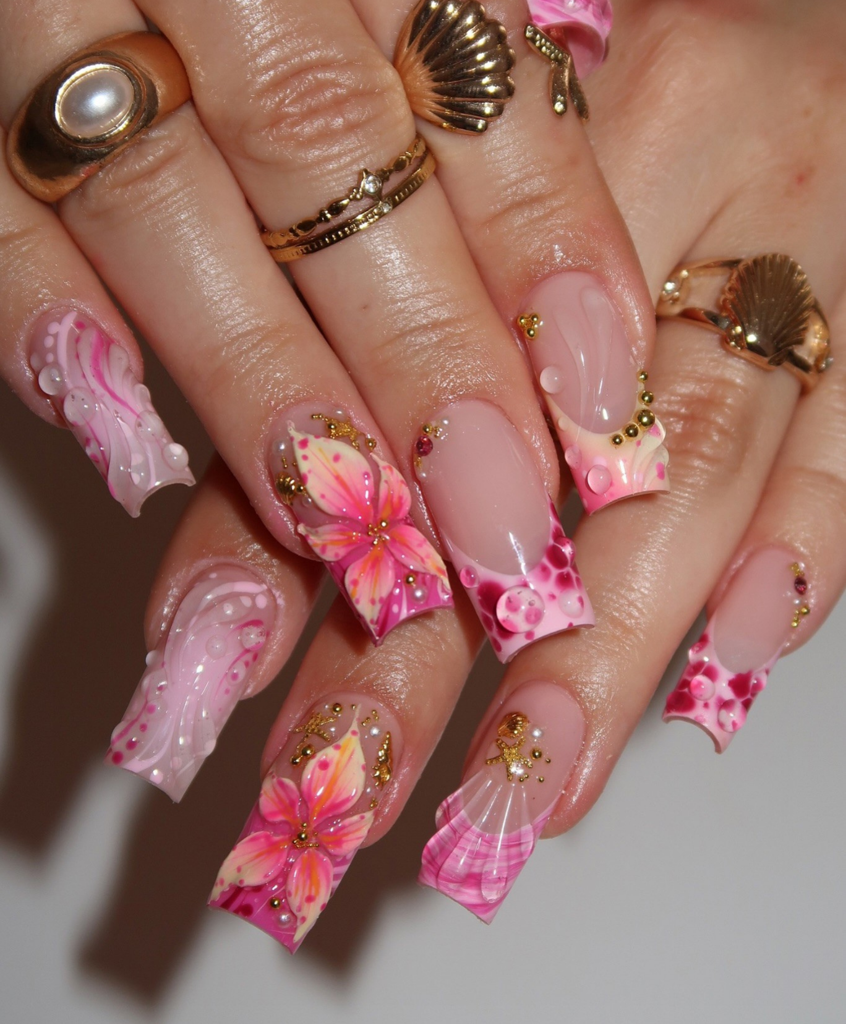 Handmade 3D Tropical Mermaid Press On Nails - Long Square Pink Hibiscus & Seashell Nails - Summer Beach Vacation Art with Gold Starfish