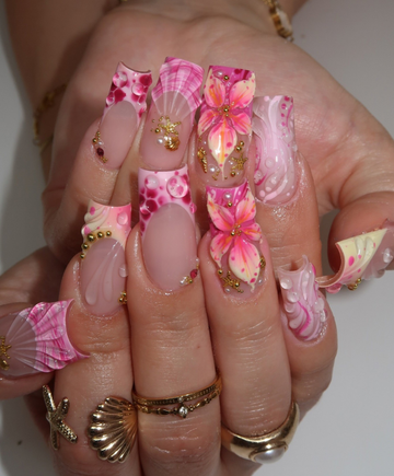 Handmade 3D Tropical Mermaid Press On Nails - Long Square Pink Hibiscus & Seashell Nails - Summer Beach Vacation Art with Gold Starfish