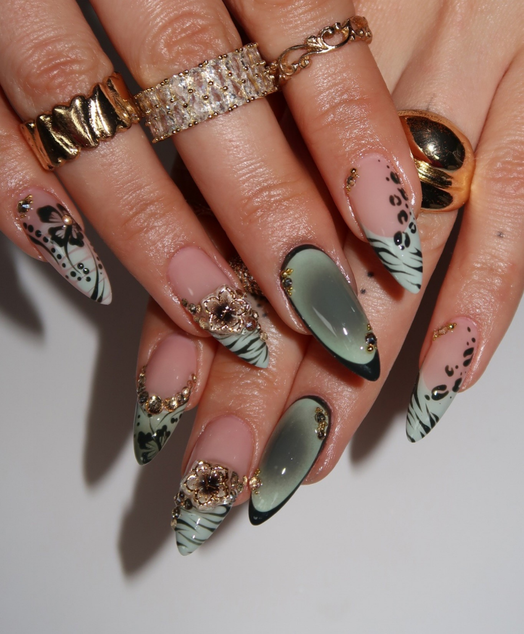 Handmade Sage Green Cat Eye & Botanical Press On Nails - Long Almond Luxury 3D Jewelry Flower Nails - Green Leopard & Ink Art Nail Art