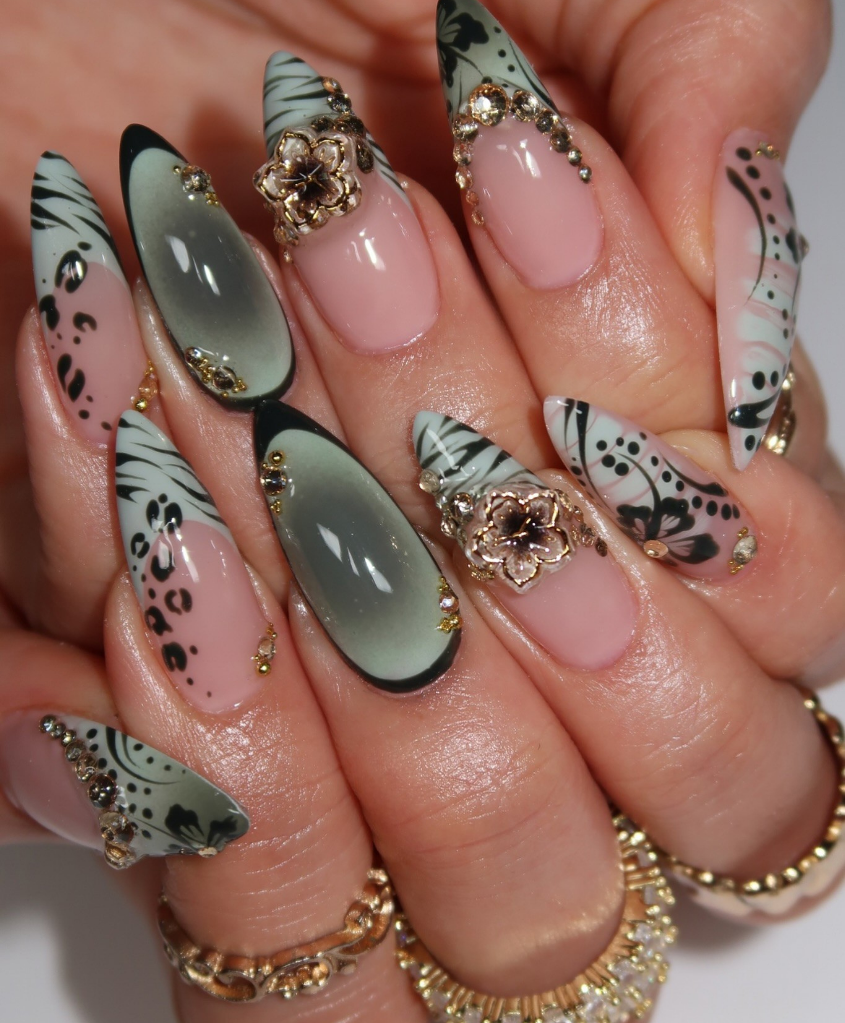 Handmade Sage Green Cat Eye & Botanical Press On Nails - Long Almond Luxury 3D Jewelry Flower Nails - Green Leopard & Ink Art Nail Art