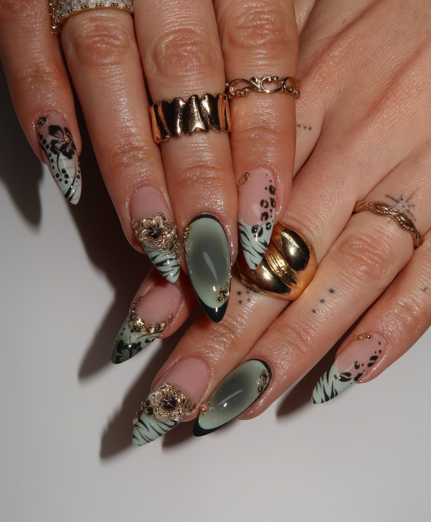 Handmade Sage Green Cat Eye & Botanical Press On Nails - Long Almond Luxury 3D Jewelry Flower Nails - Green Leopard & Ink Art Nail Art