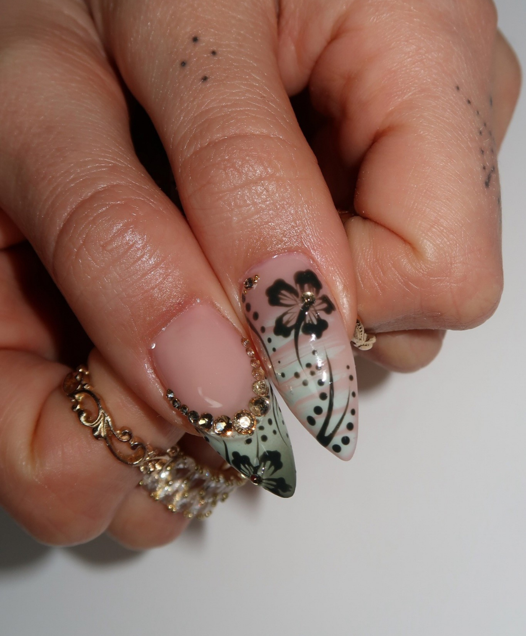 Handmade Sage Green Cat Eye & Botanical Press On Nails - Long Almond Luxury 3D Jewelry Flower Nails - Green Leopard & Ink Art Nail Art