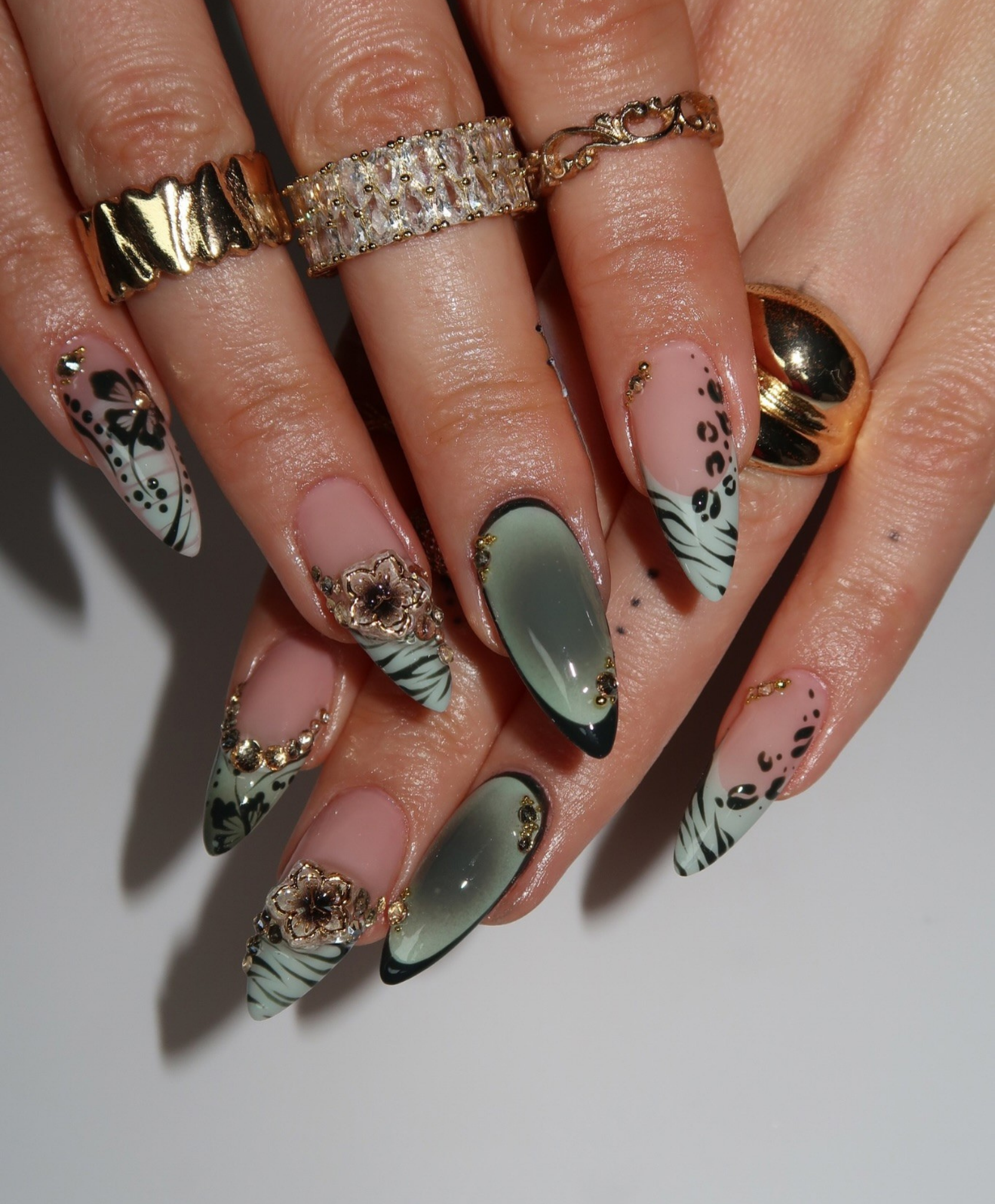 Handmade Sage Green Cat Eye & Botanical Press On Nails - Long Almond Luxury 3D Jewelry Flower Nails - Green Leopard & Ink Art Nail Art