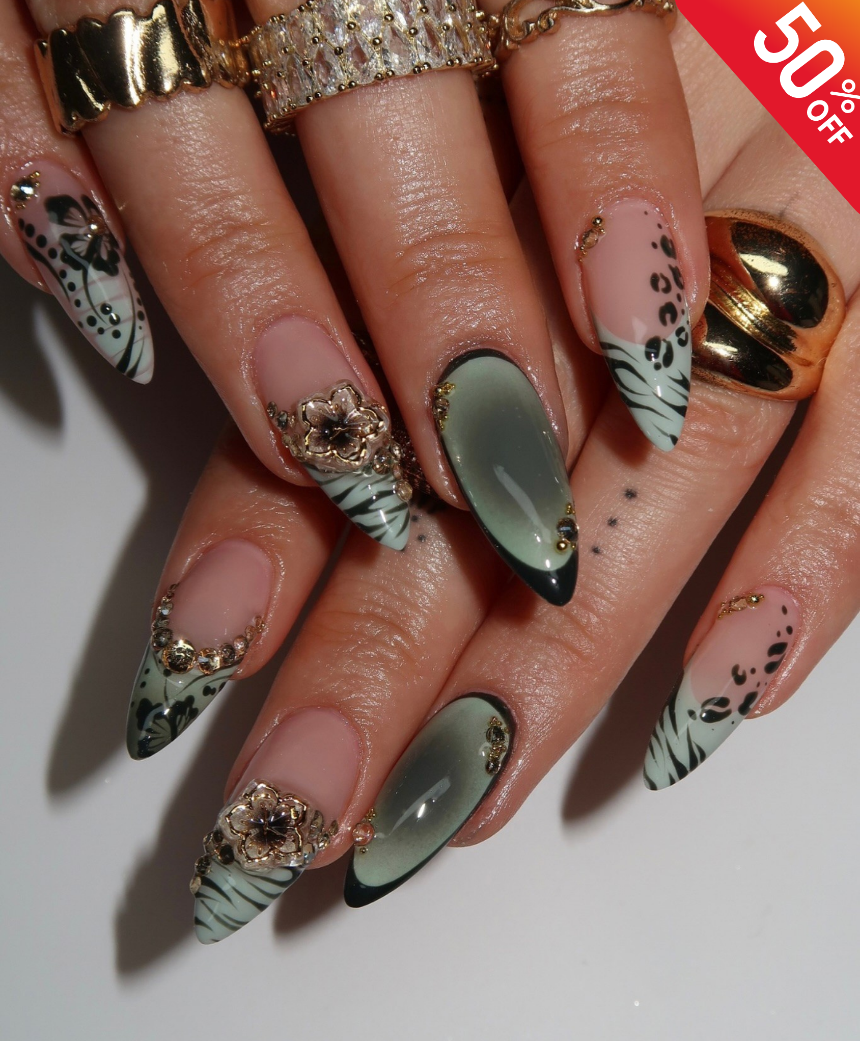 Handmade Sage Green Cat Eye & Botanical Press On Nails - Long Almond Luxury 3D Jewelry Flower Nails - Green Leopard & Ink Art Nail Art