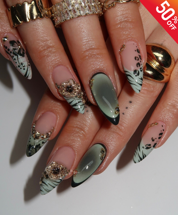 Handmade Sage Green Cat Eye & Botanical Press On Nails - Long Almond Luxury 3D Jewelry Flower Nails - Green Leopard & Ink Art Nail Art