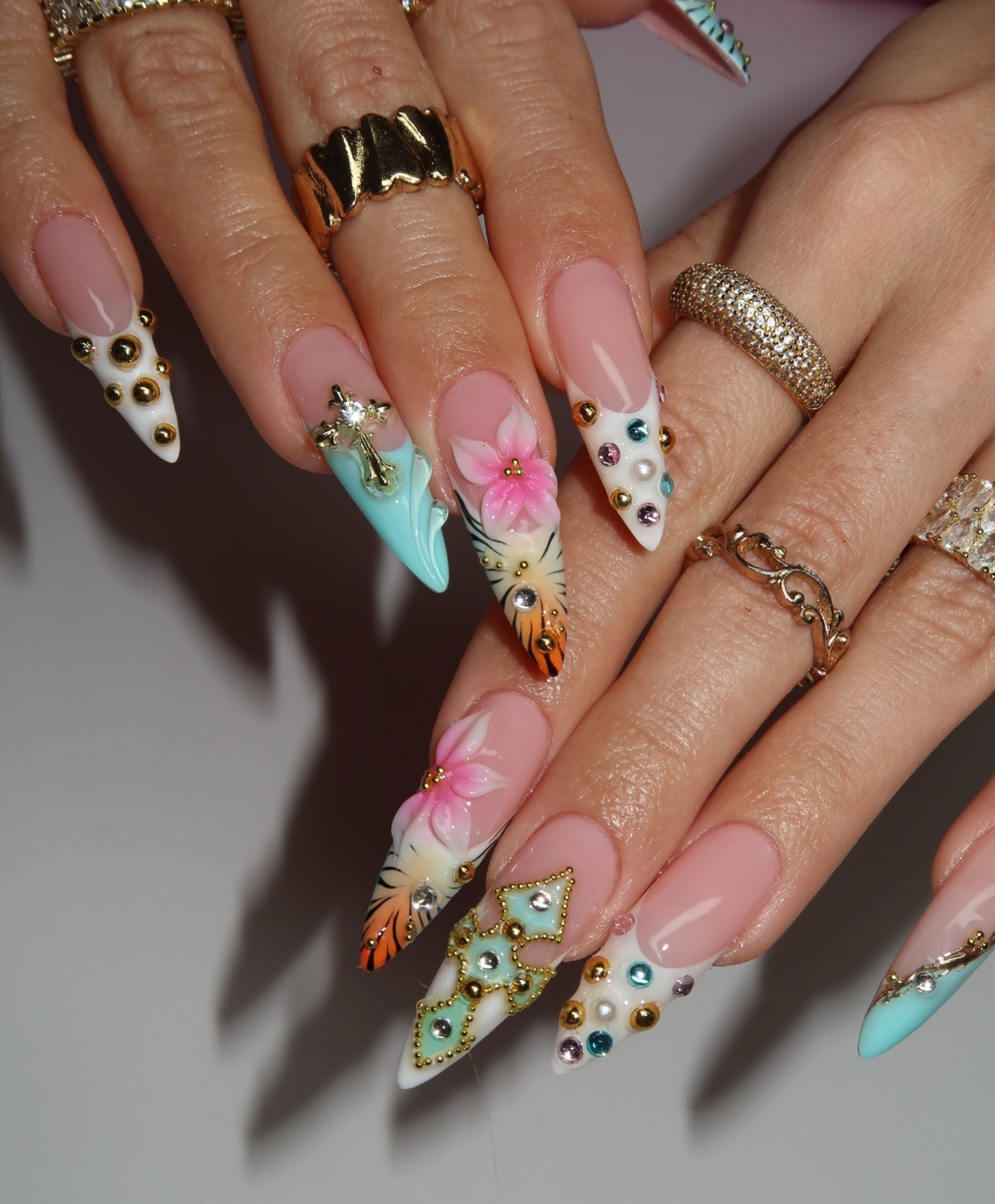 Handmade Luxury 3D Tropical Cross Press On Nails - Long Stiletto Sunset Hibiscus Nails - Turquoise & Gold Boho Nail Art with Jewelry Charms