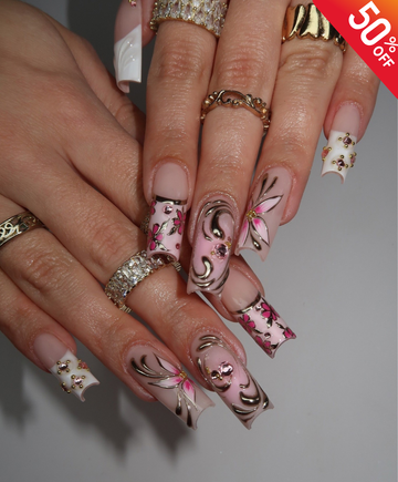 Hand-Painted Luxury 3D Gold Swirl Long Square Press On Nails - Pink Floral & Rhinestone French Tip Nails - Glam Birthday & Wedding Nail Art
