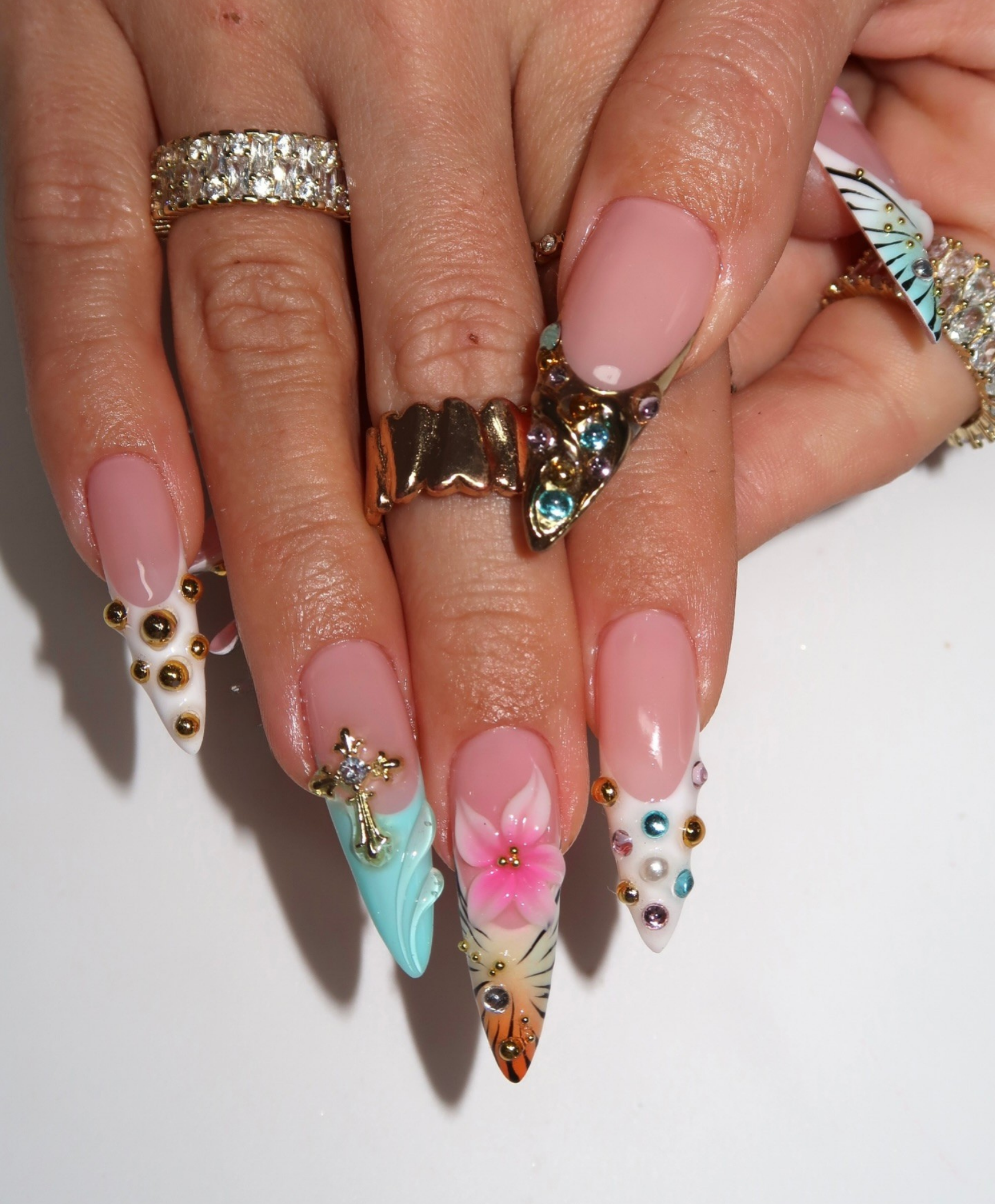 Handmade Luxury 3D Tropical Cross Press On Nails - Long Stiletto Sunset Hibiscus Nails - Turquoise & Gold Boho Nail Art with Jewelry Charms