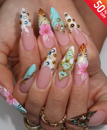 Handmade Luxury 3D Tropical Cross Press On Nails - Long Stiletto Sunset Hibiscus Nails - Turquoise & Gold Boho Nail Art with Jewelry Charms