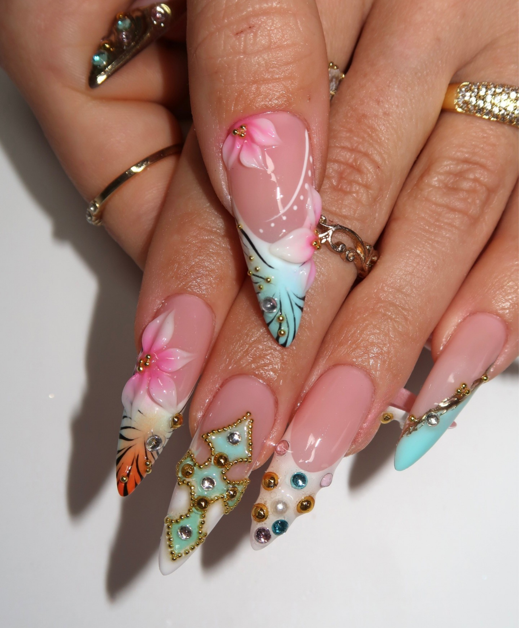 Handmade Luxury 3D Tropical Cross Press On Nails - Long Stiletto Sunset Hibiscus Nails - Turquoise & Gold Boho Nail Art with Jewelry Charms