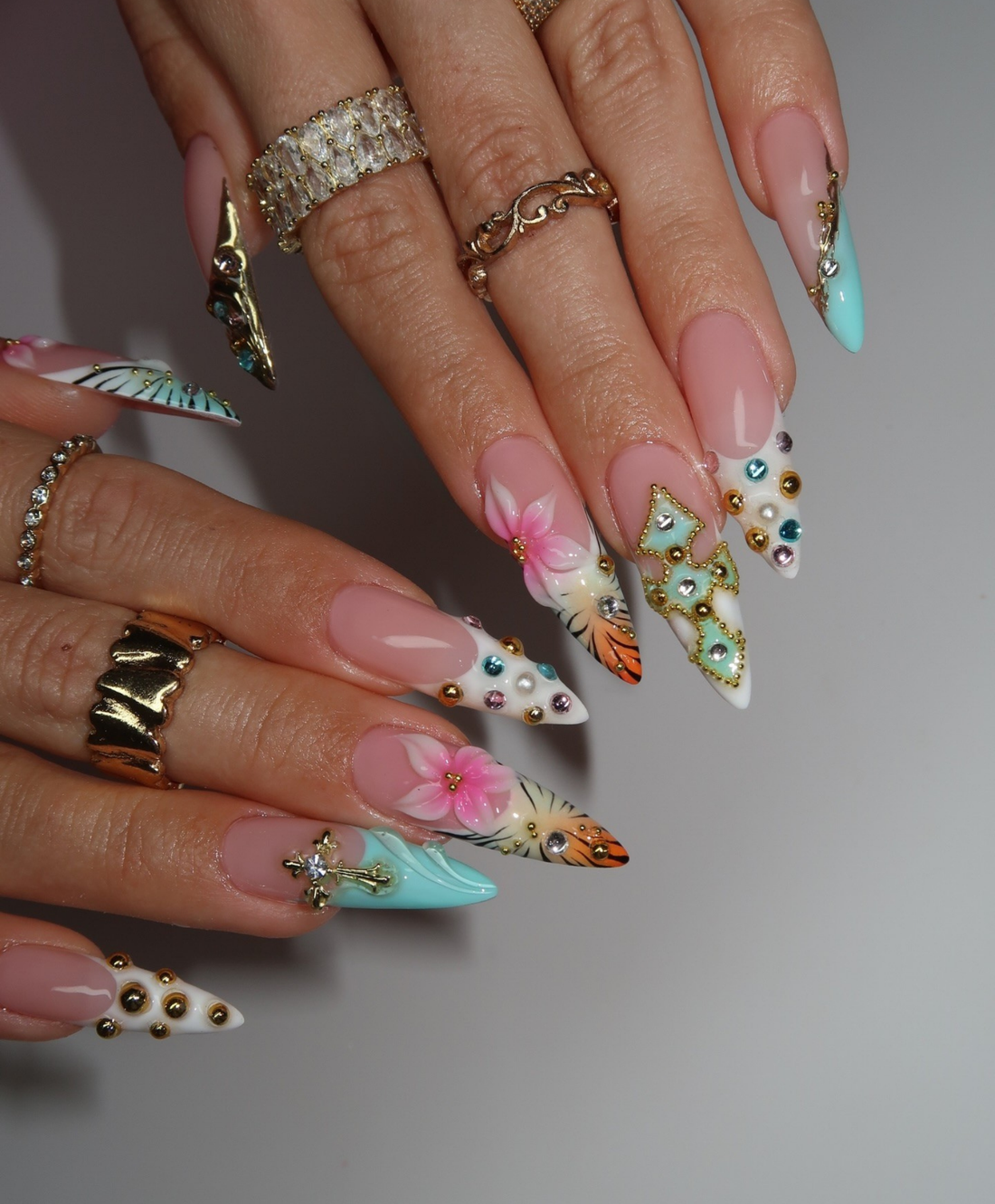 Handmade Luxury 3D Tropical Cross Press On Nails - Long Stiletto Sunset Hibiscus Nails - Turquoise & Gold Boho Nail Art with Jewelry Charms