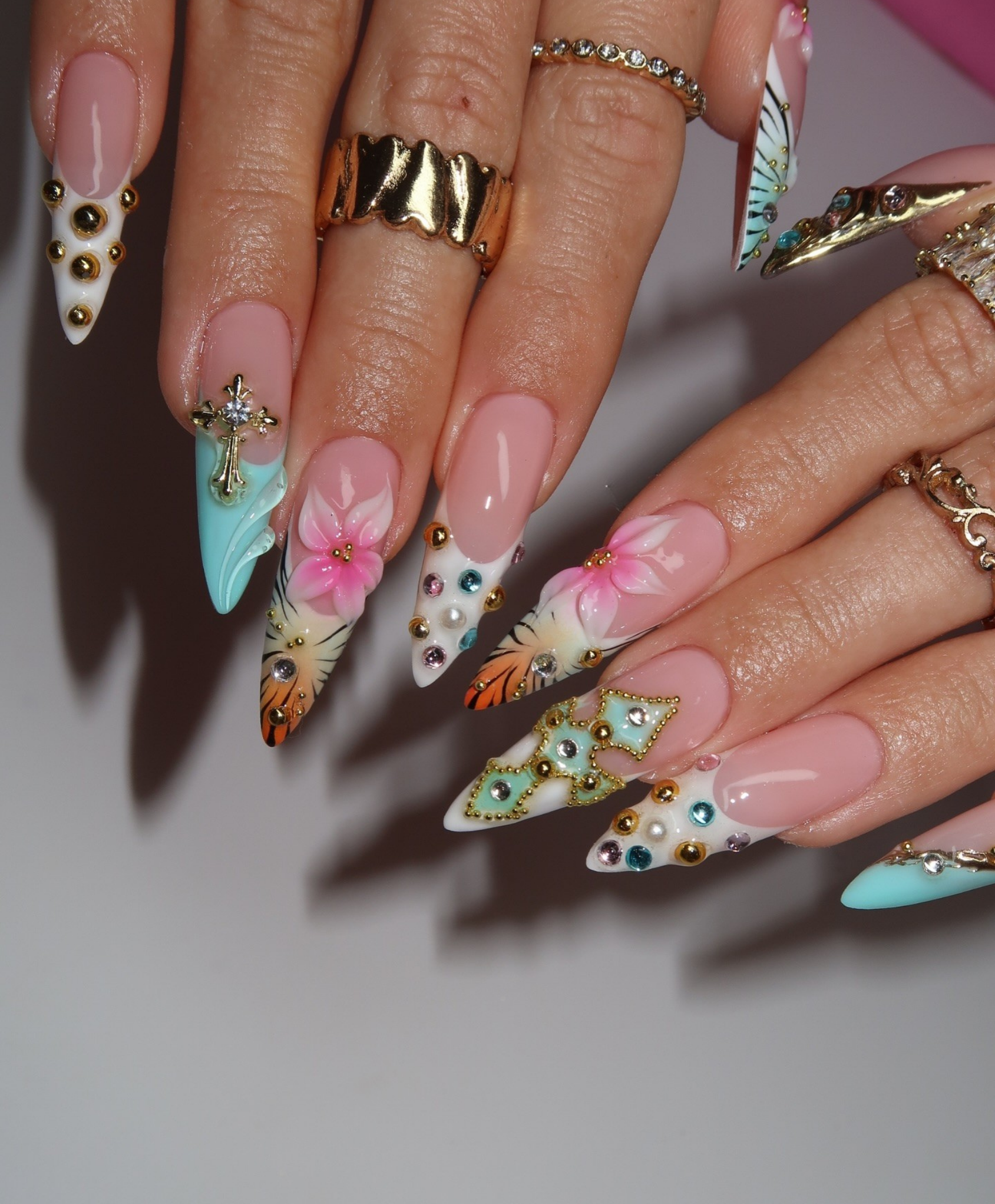 Handmade Luxury 3D Tropical Cross Press On Nails - Long Stiletto Sunset Hibiscus Nails - Turquoise & Gold Boho Nail Art with Jewelry Charms